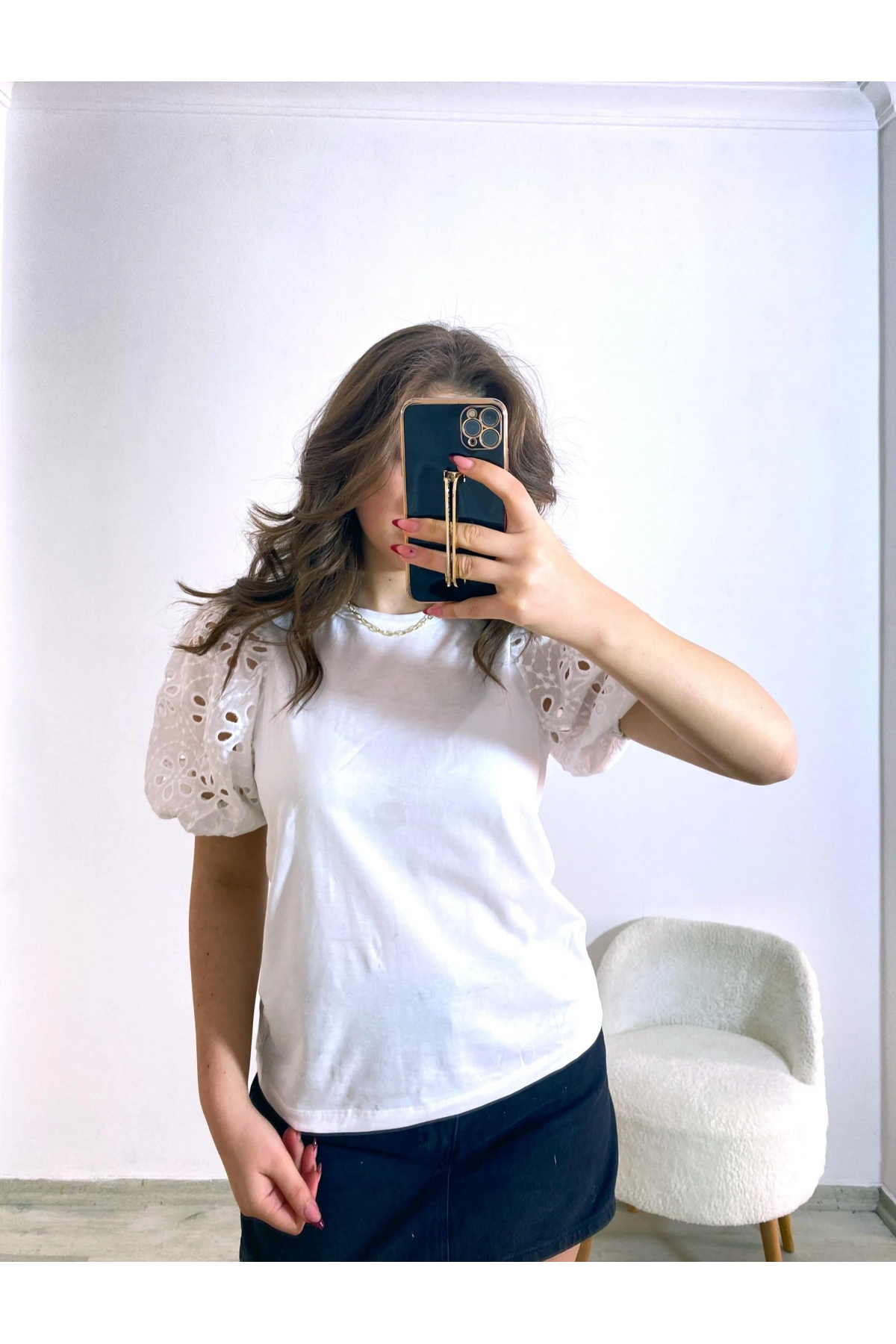 Örme Dantel Kol Tişört Beyaz