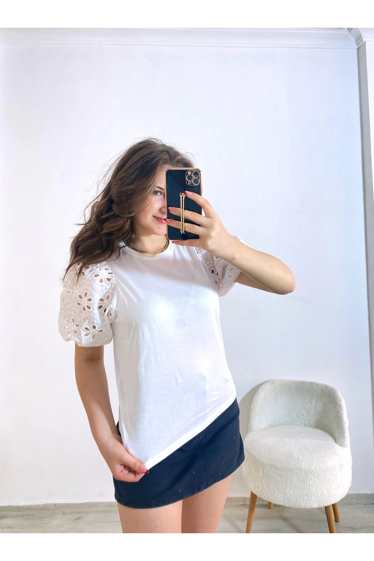 Örme Dantel Kol Tişört Beyaz