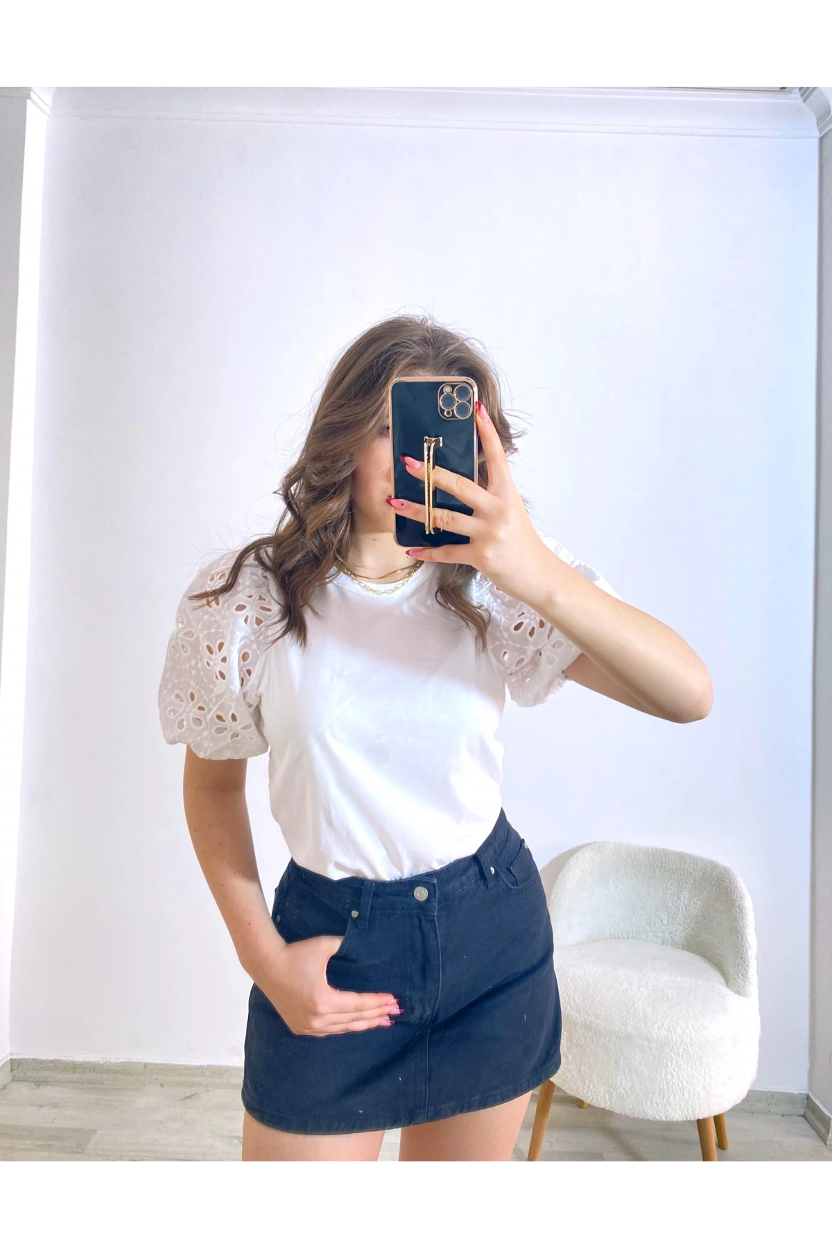 Örme Dantel Kol Tişört Beyaz