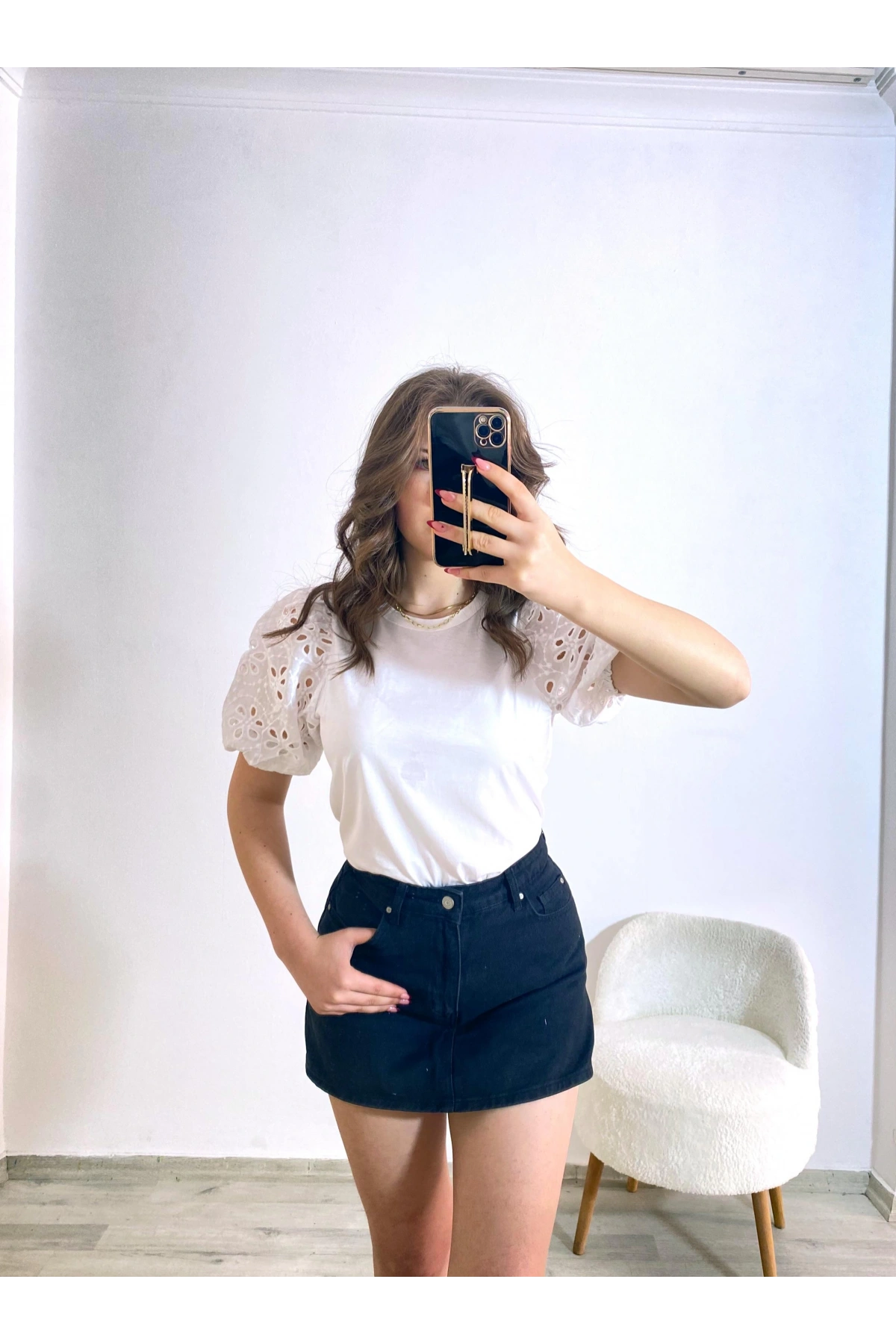 Örme Dantel Kol Tişört Beyaz