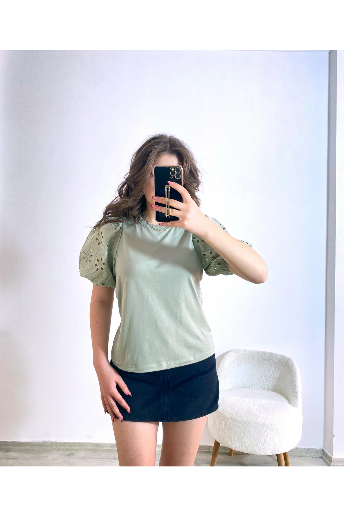 Örme Dantel Kol Tişört Haki