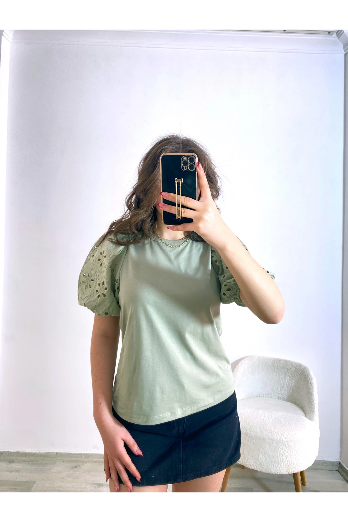 Örme Dantel Kol Tişört Haki