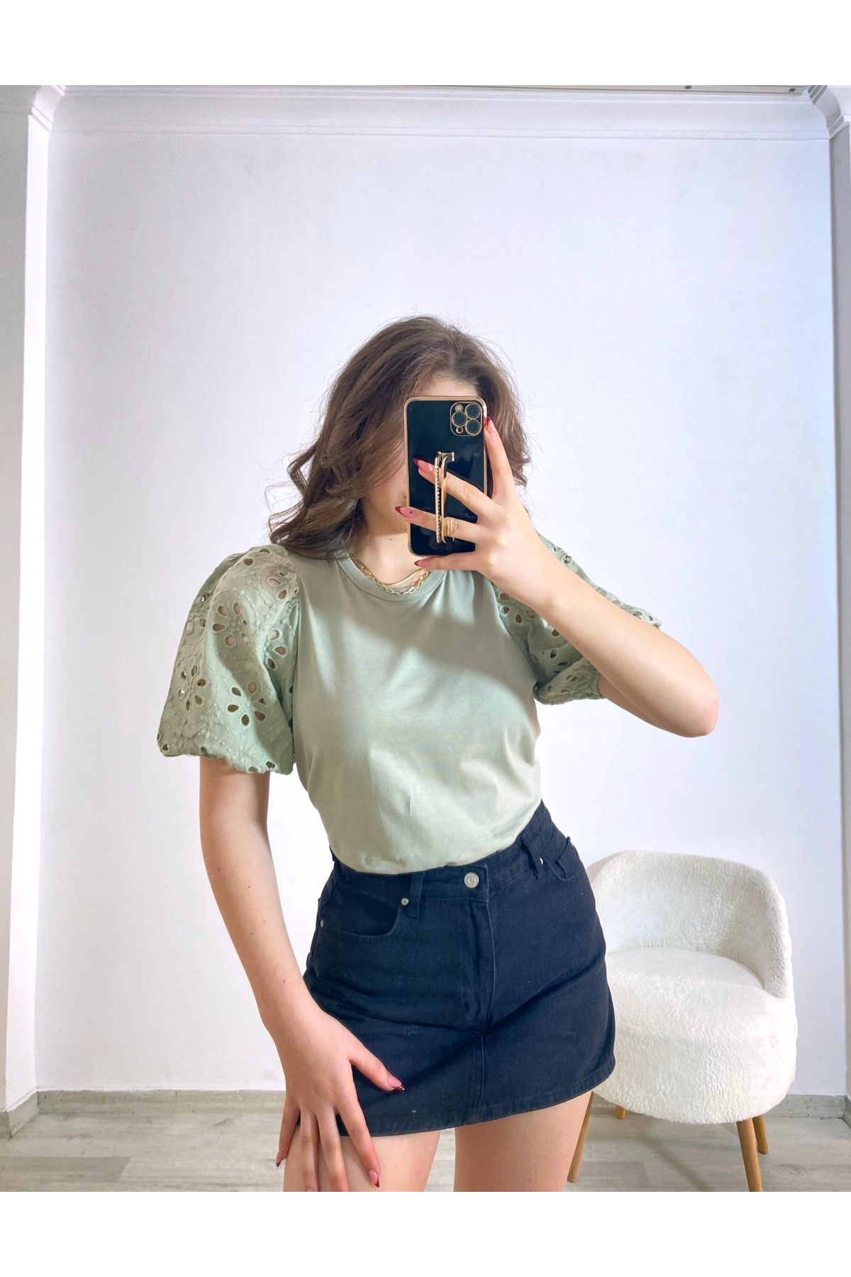 Örme Dantel Kol Tişört Haki