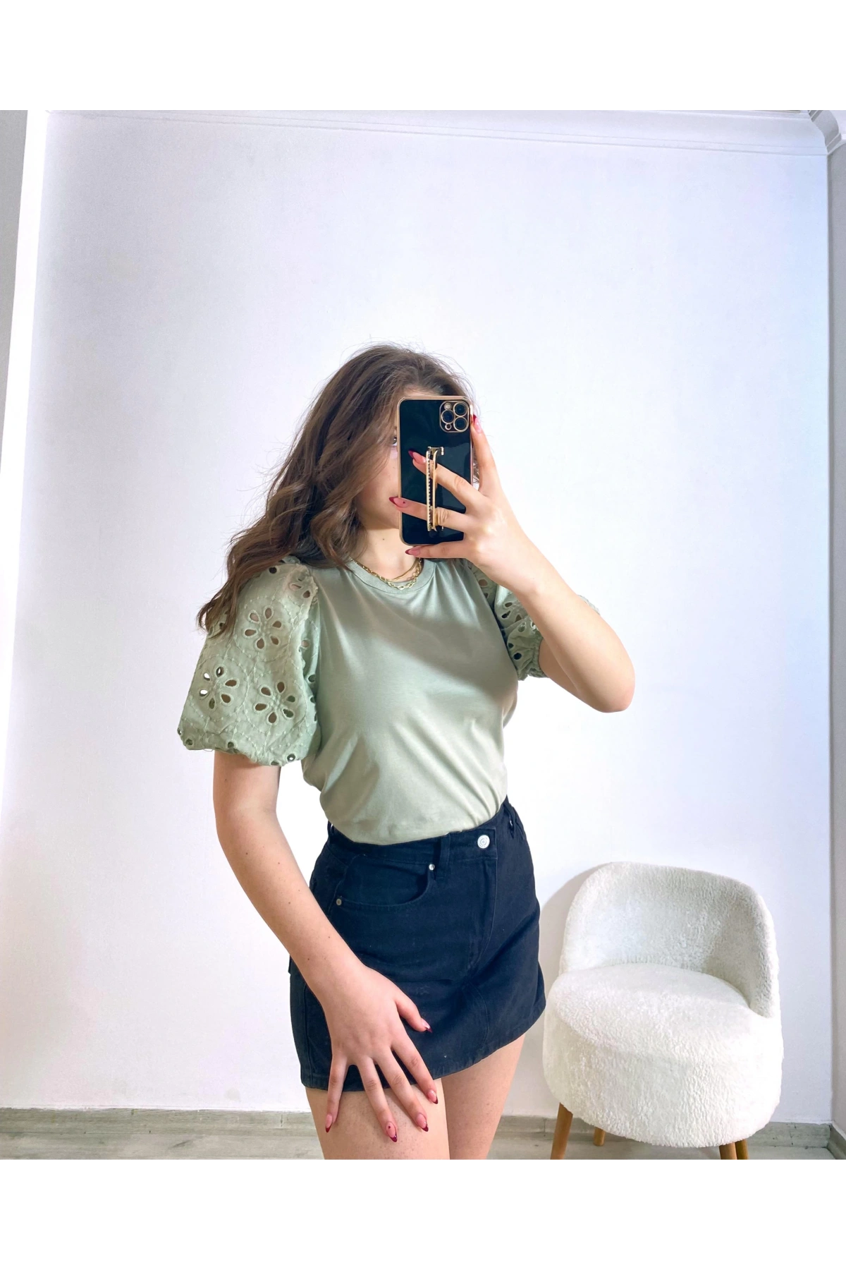 Örme Dantel Kol Tişört Haki