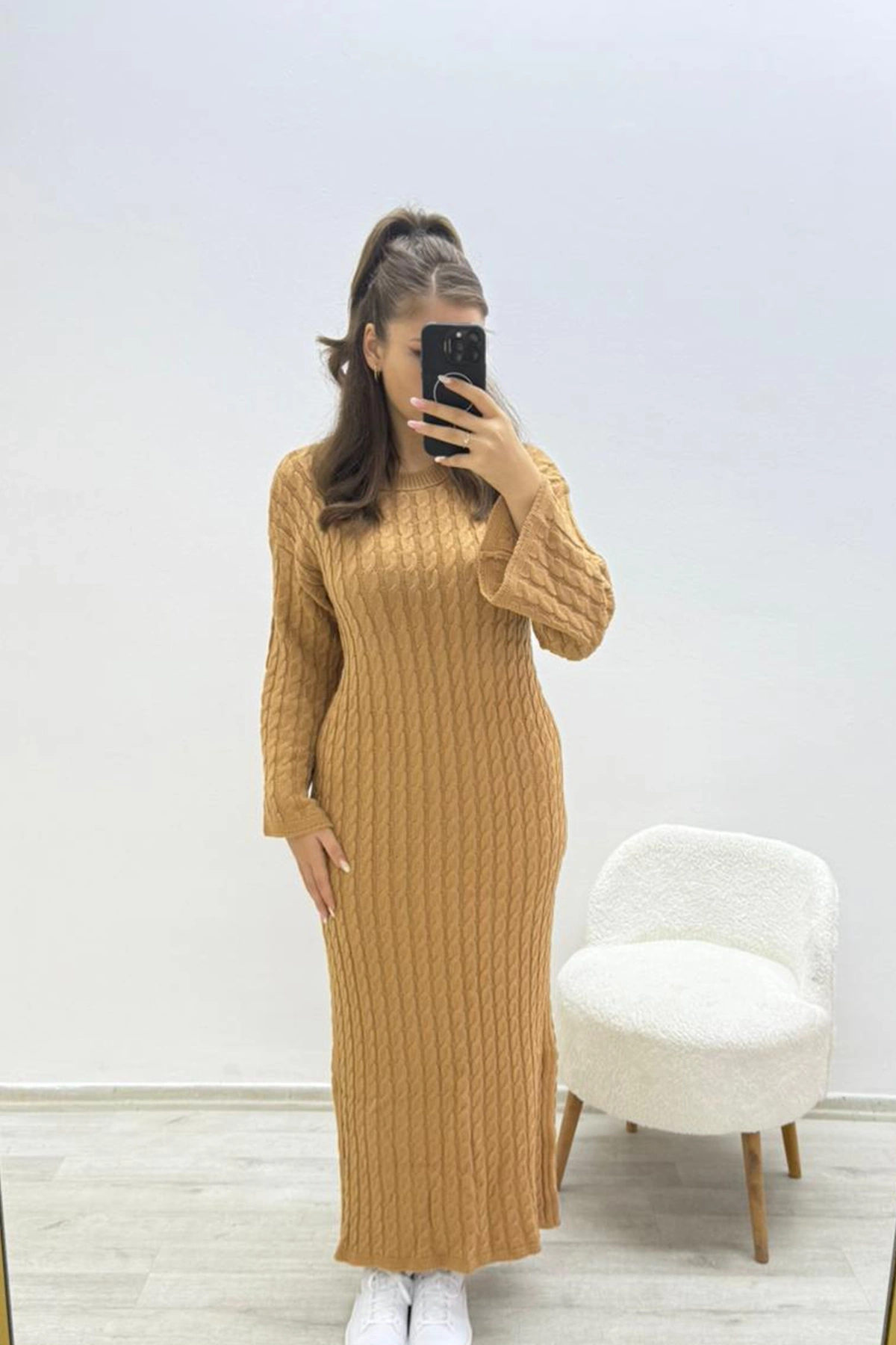 Örme Kahverengi Uzun Elbise