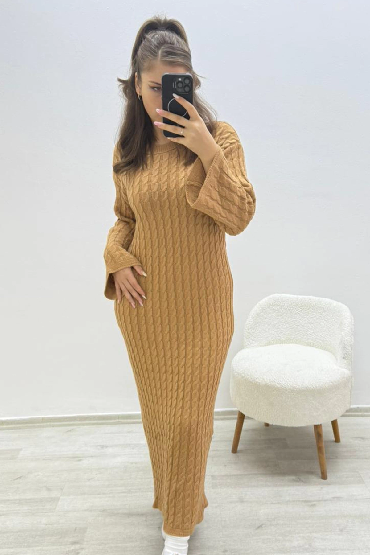 Örme Kahverengi Uzun Elbise