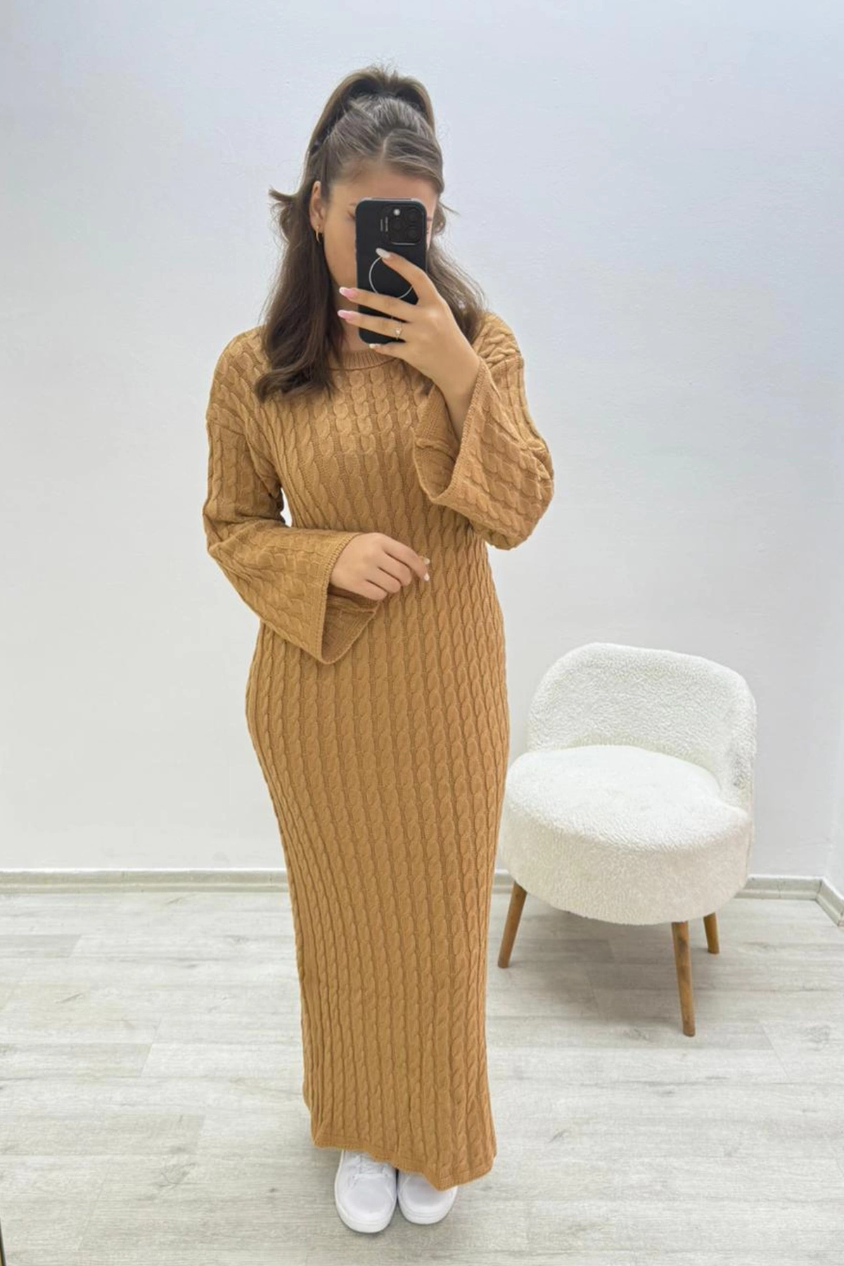 Örme Kahverengi Uzun Elbise