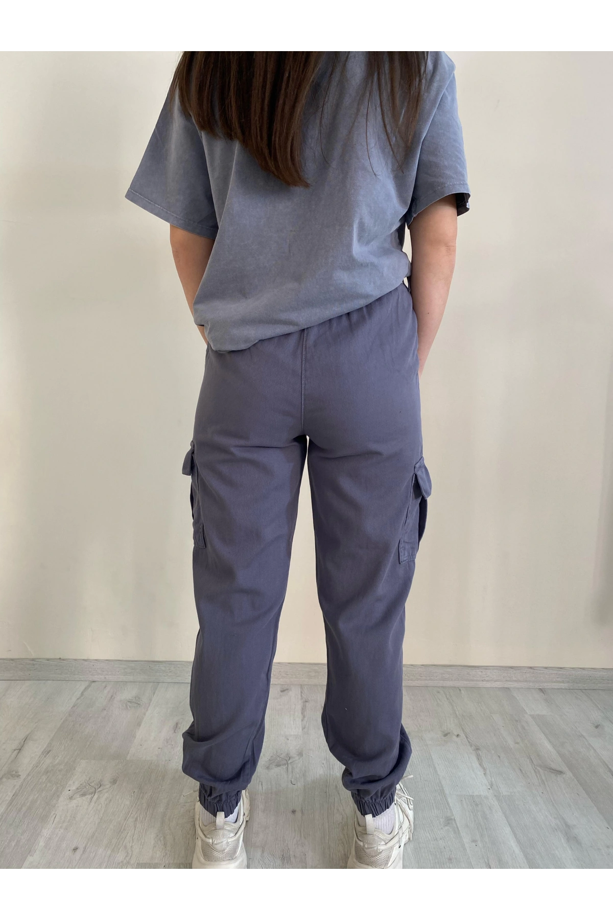 Palaskalı Yüksek Bel Kargo Cep Pantolon Füme