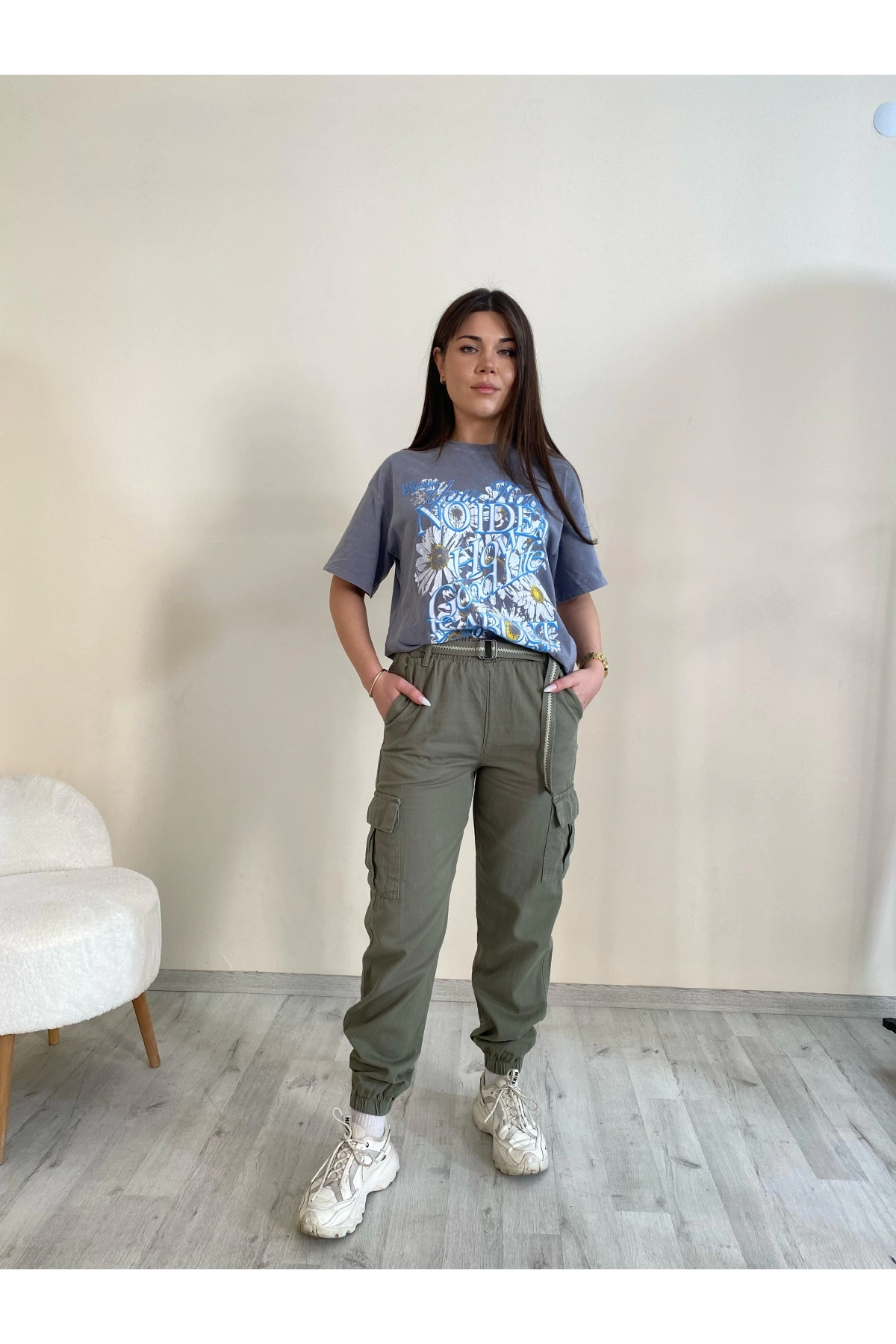 Palaskalı Yüksek Bel Kargo Cep Pantolon Haki