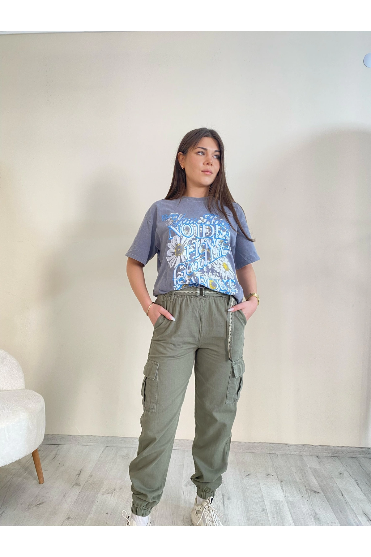 Palaskalı Yüksek Bel Kargo Cep Pantolon Haki