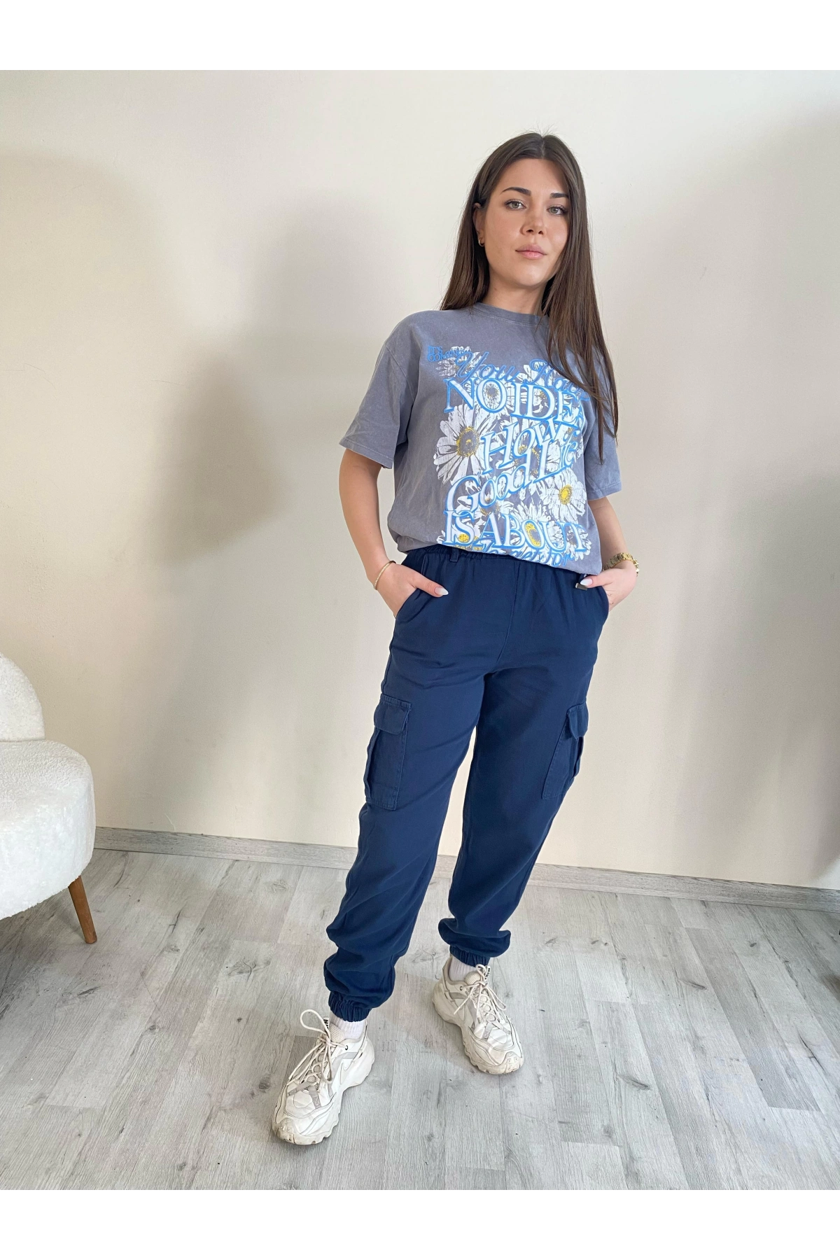 Palaskalı Yüksek Bel Kargo Cep Pantolon Lacivert