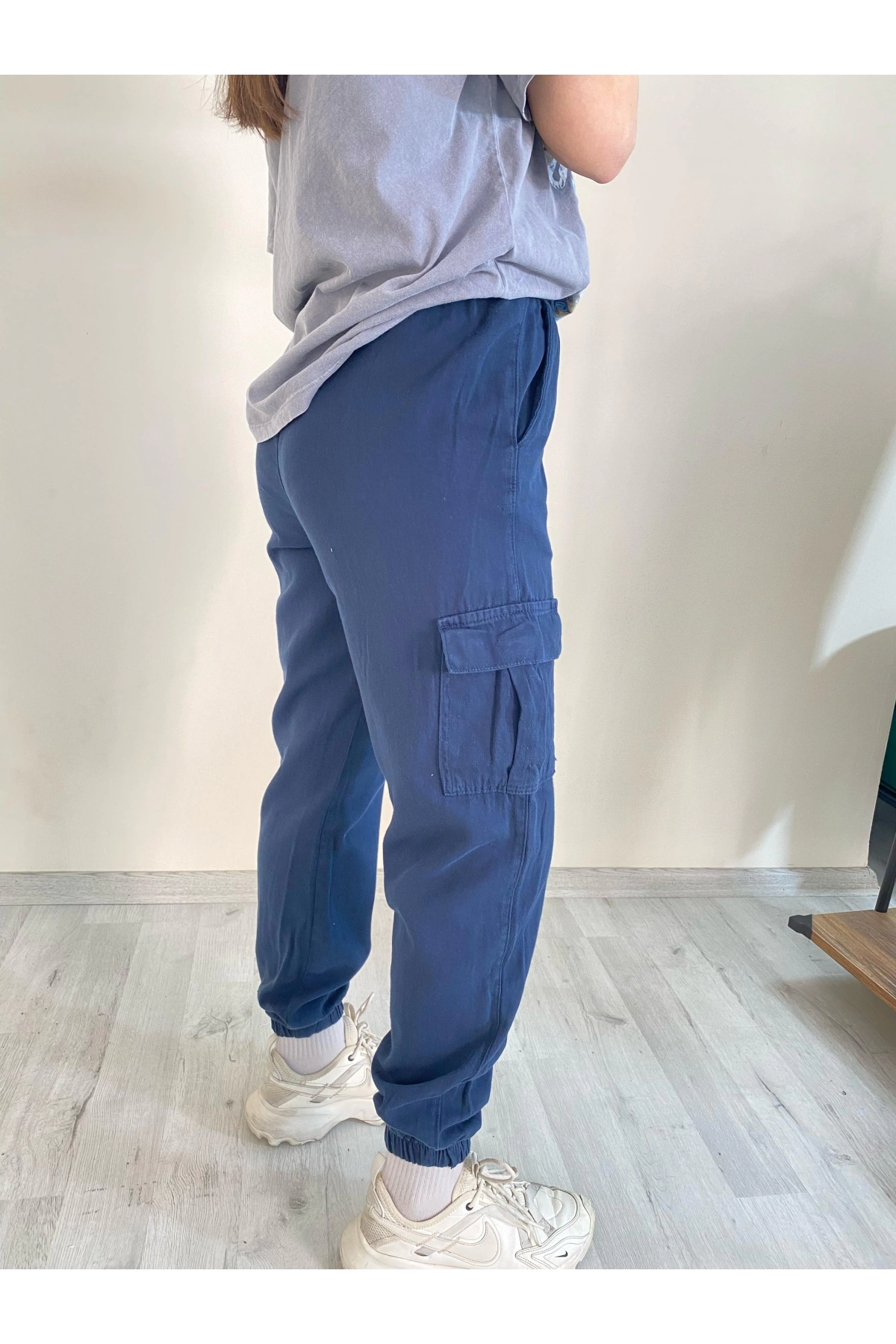 Palaskalı Yüksek Bel Kargo Cep Pantolon Lacivert