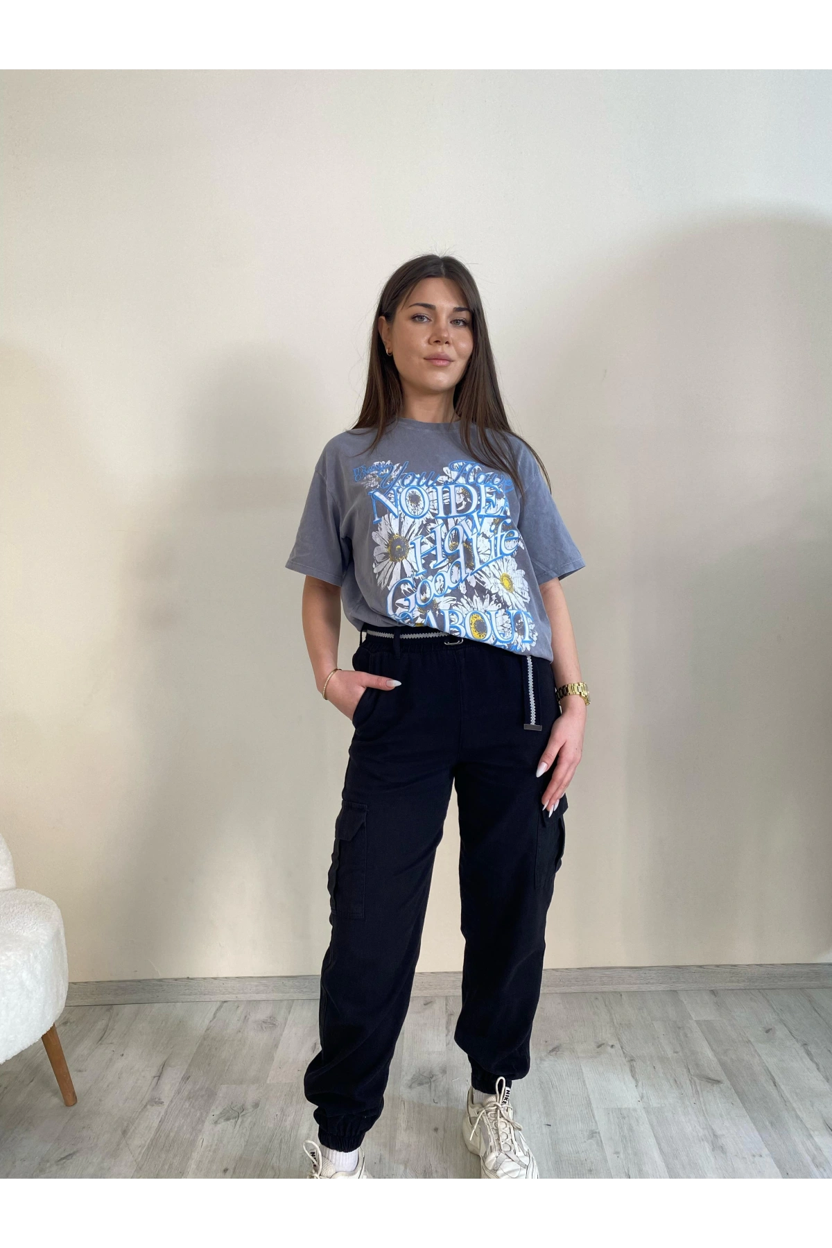 Palaskalı Yüksek Bel Kargo Cep Pantolon Siyah