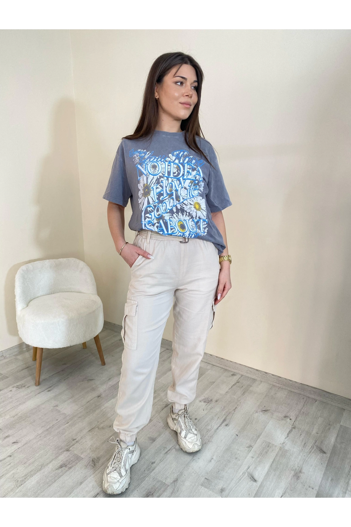 Palaskalı Yüksek Bel Kargo Cep Pantolon Taş Rengi