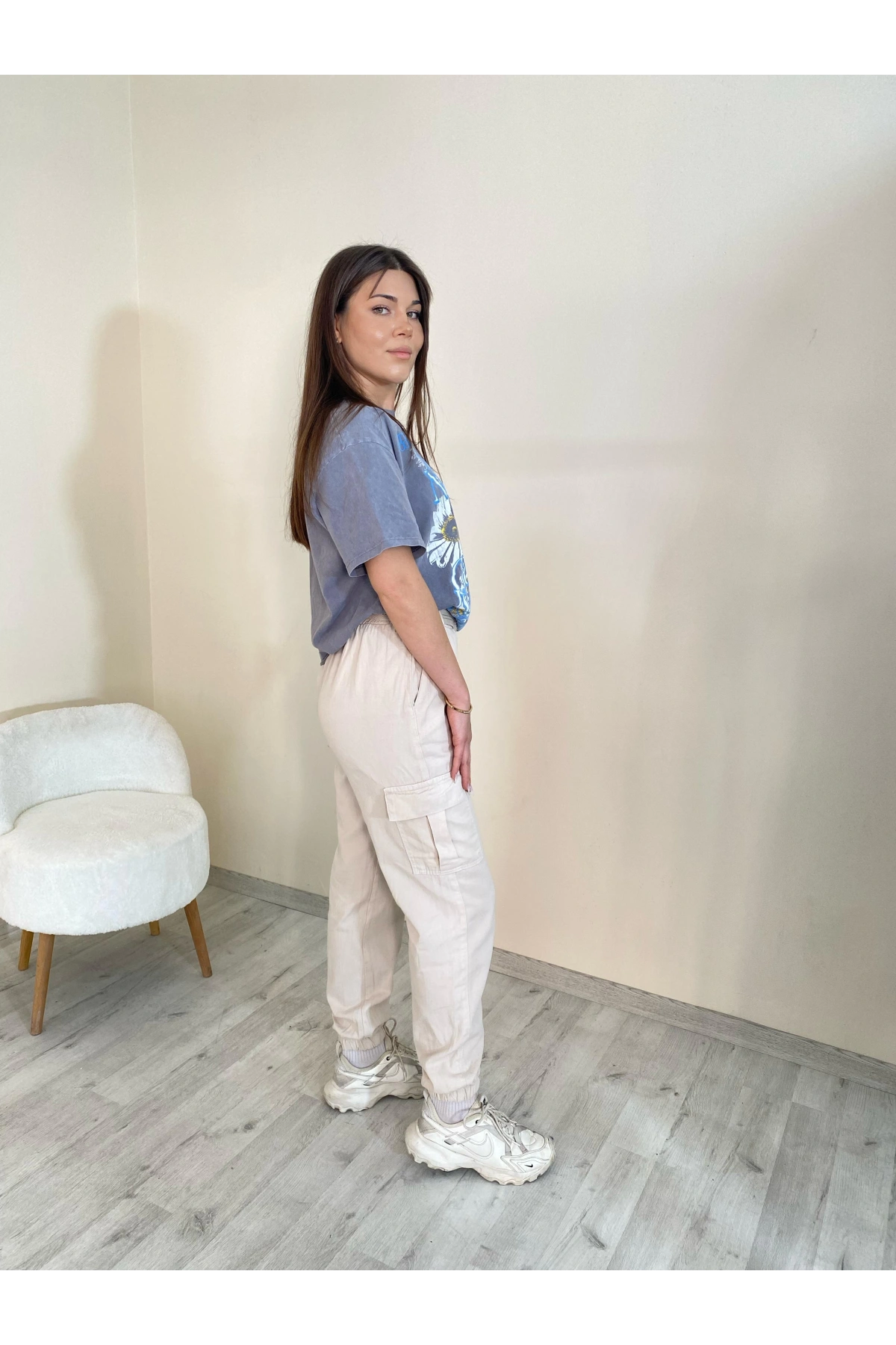 Palaskalı Yüksek Bel Kargo Cep Pantolon Taş Rengi