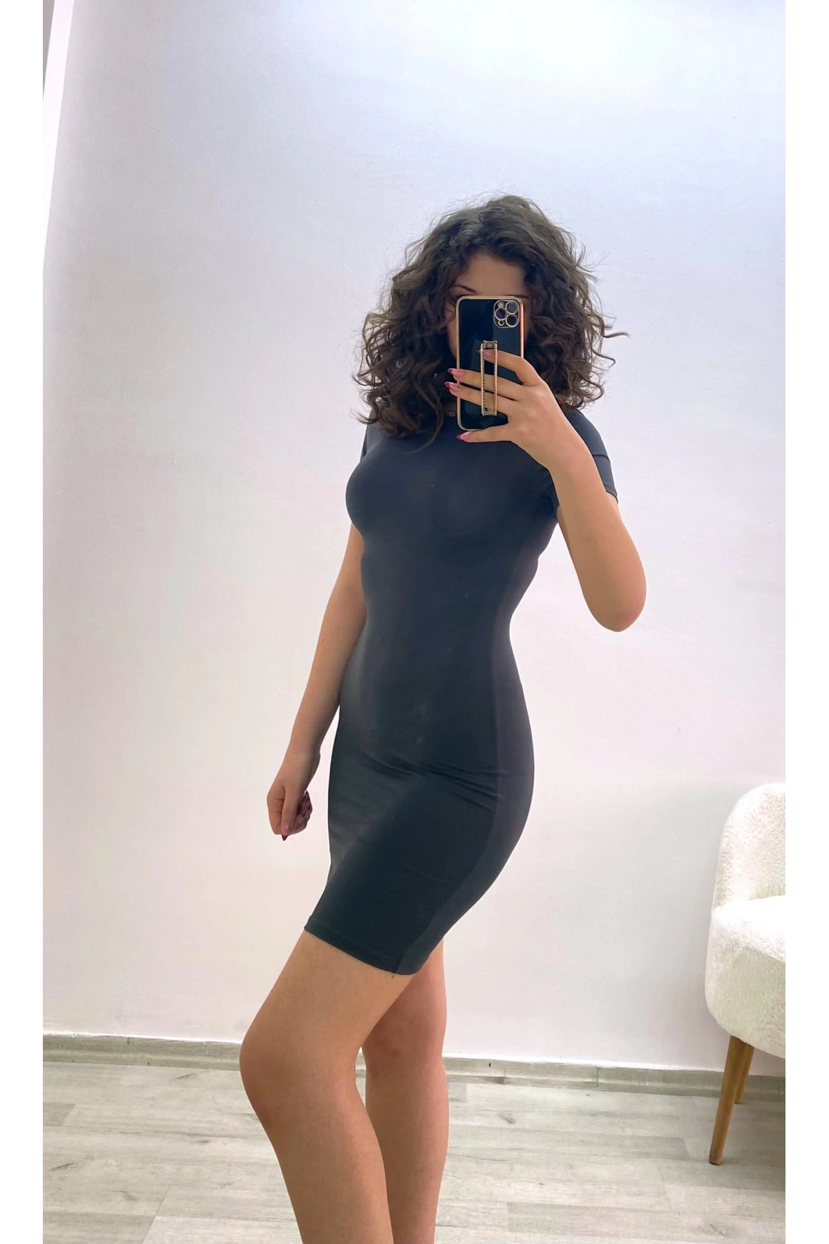 Polyemit Kumaş Elbise Füme Renk