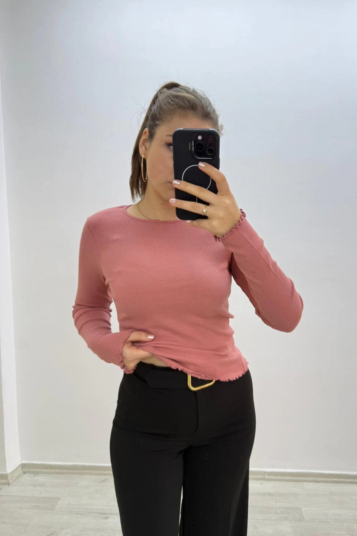 Soft Rib Basic Uzun Kollu Pembe Bluz