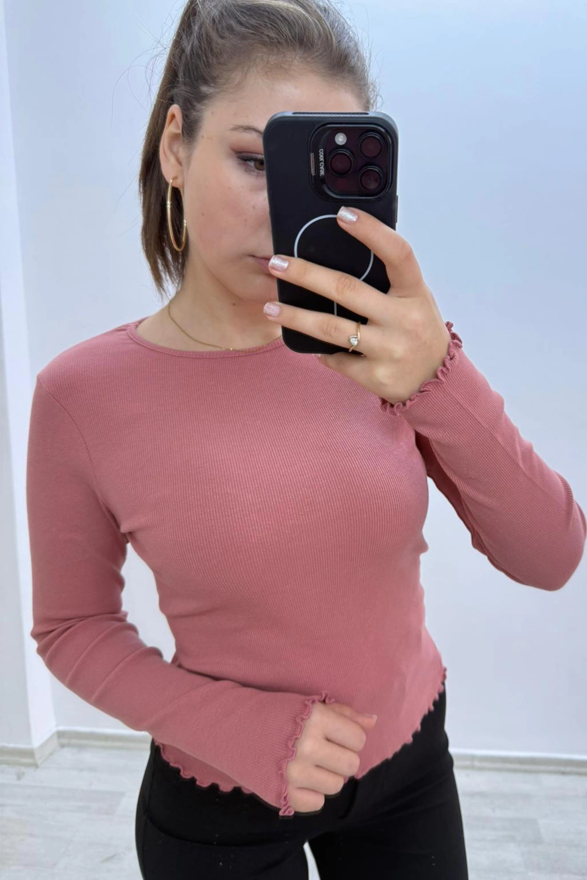 Soft Rib Basic Uzun Kollu Pembe Bluz