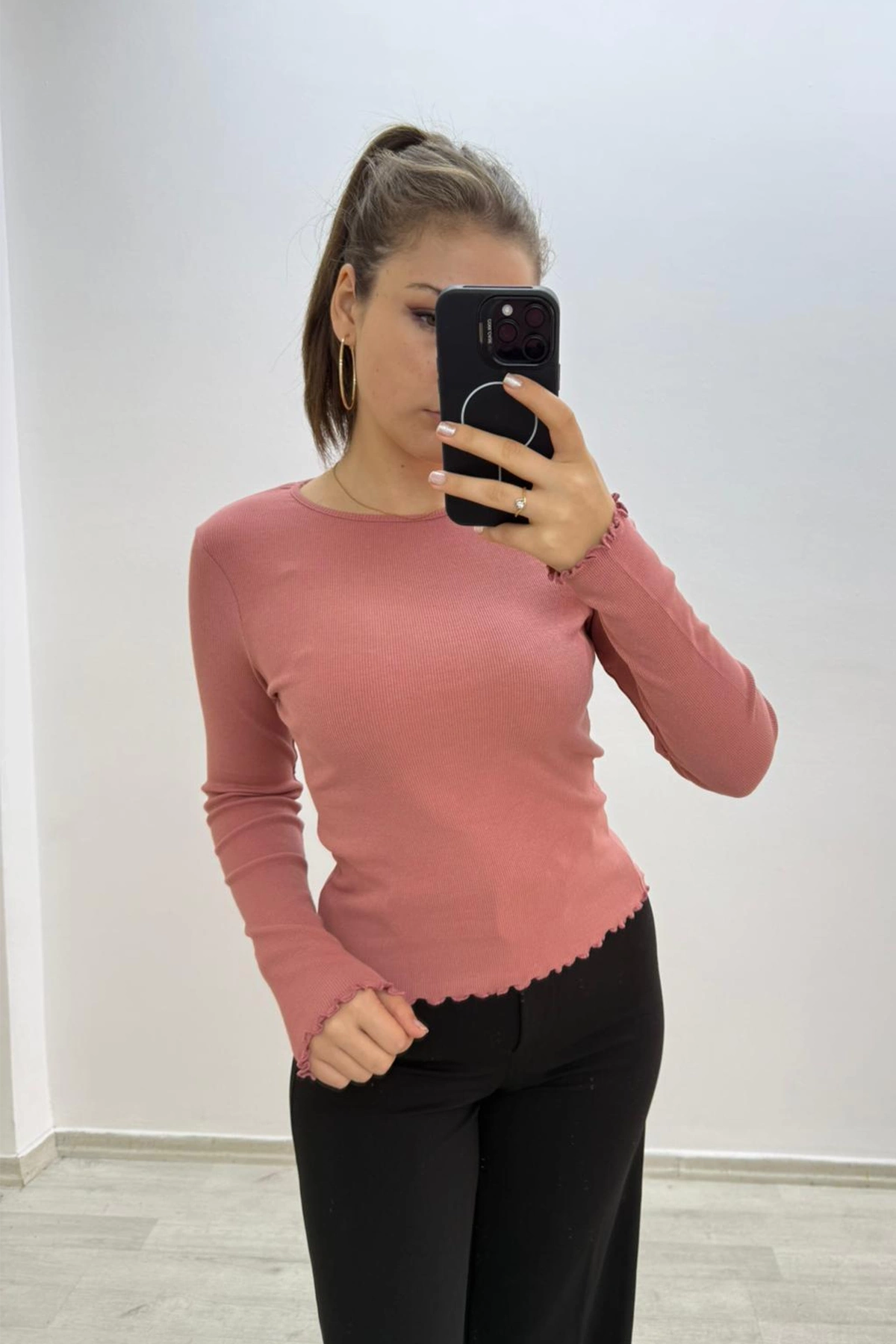 Soft Rib Basic Uzun Kollu Pembe Bluz