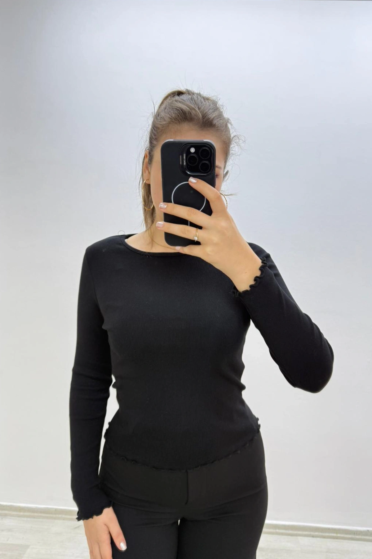 Soft Rib Basic Uzun Kollu Siyah Bluz