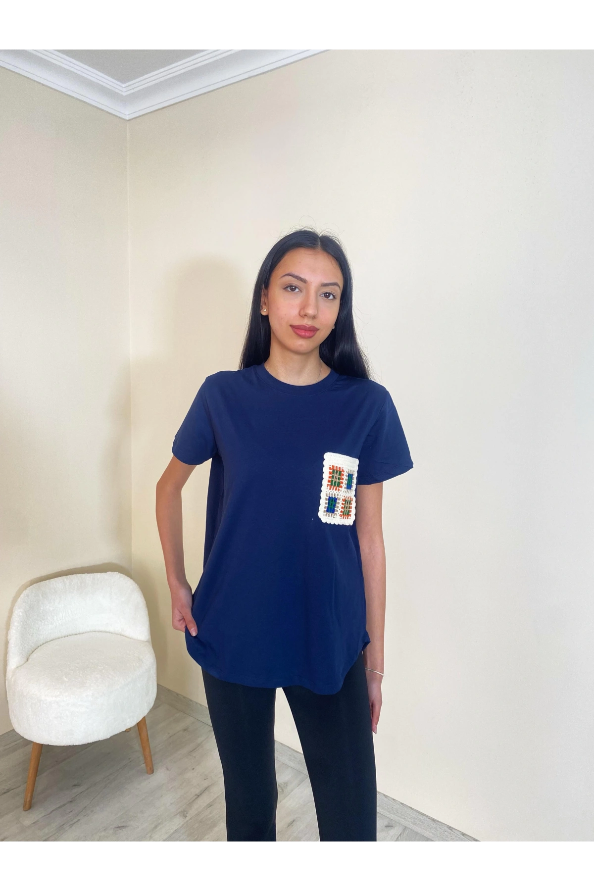 Süprem Cep Nakışlı Tişört Lacivert