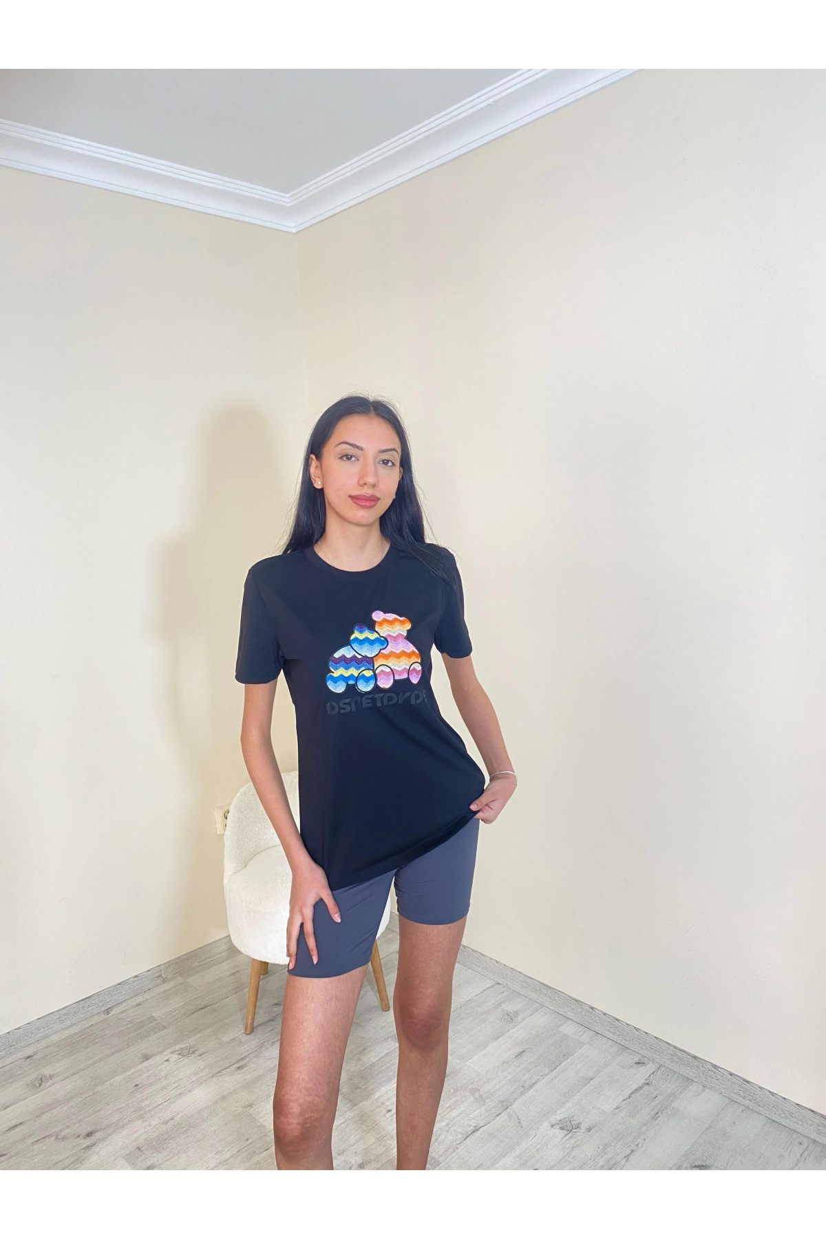 Süprem Renkli Ayı Oversize Tişört Siyah