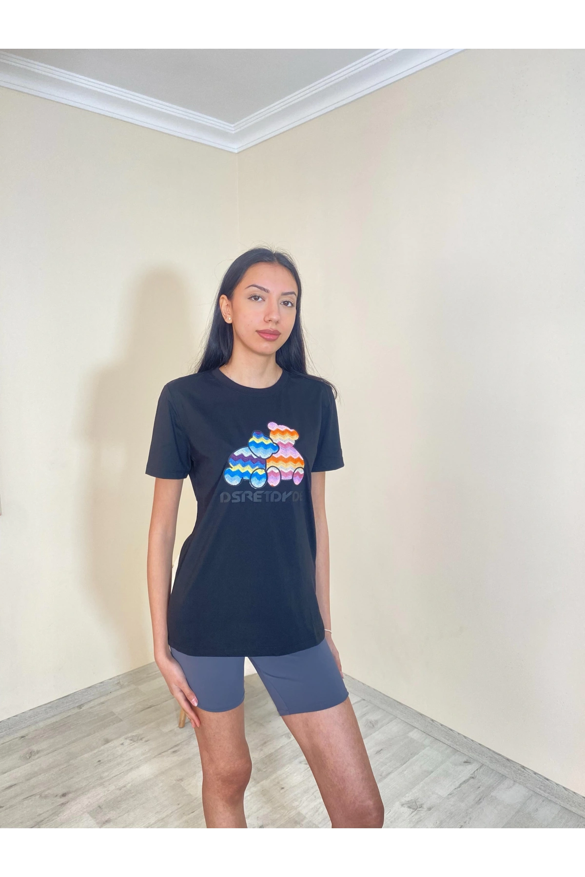 Süprem Renkli Ayı Oversize Tişört Siyah