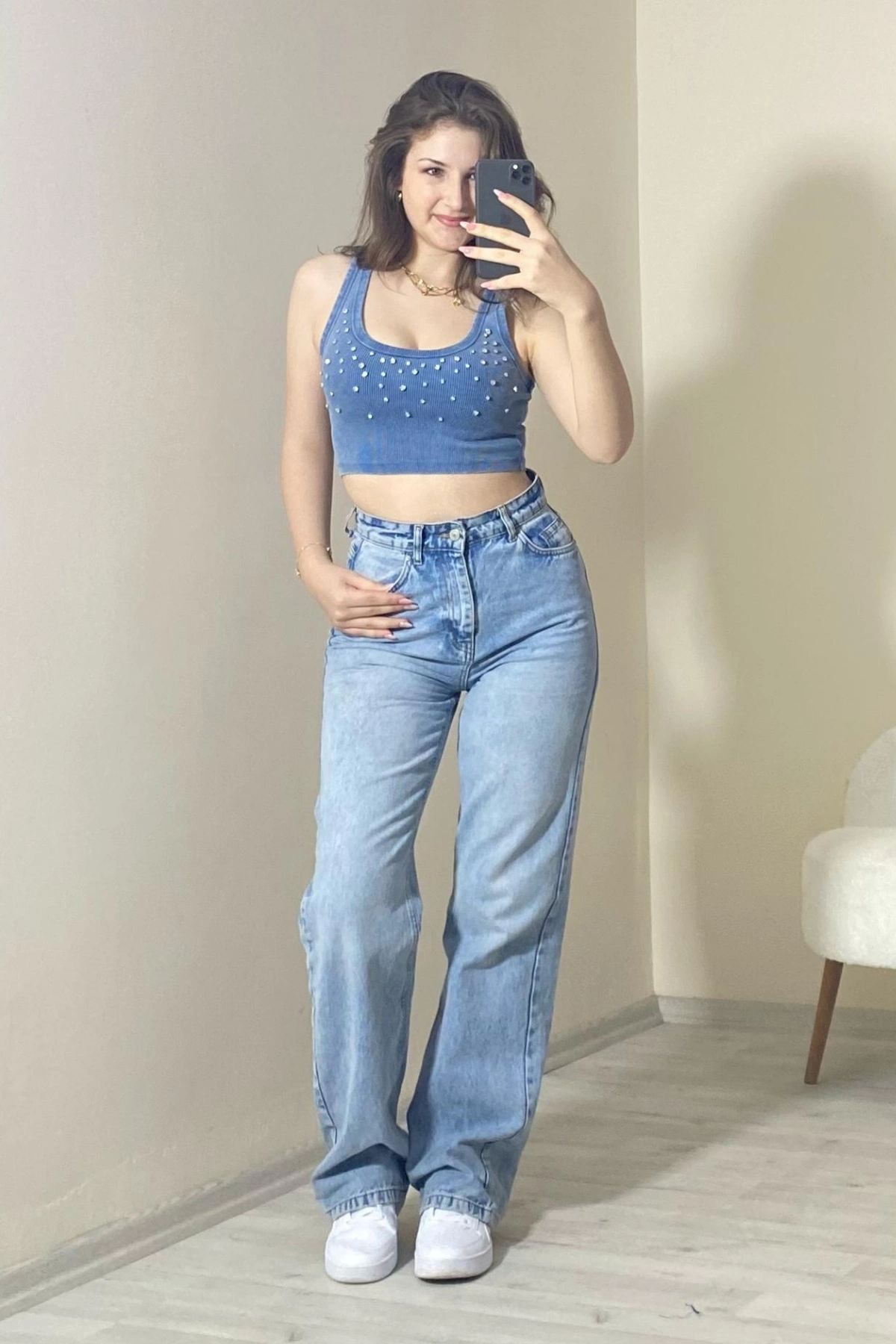 Taş Detaylı Kaşkorse Kumaş Crop Top Mavi