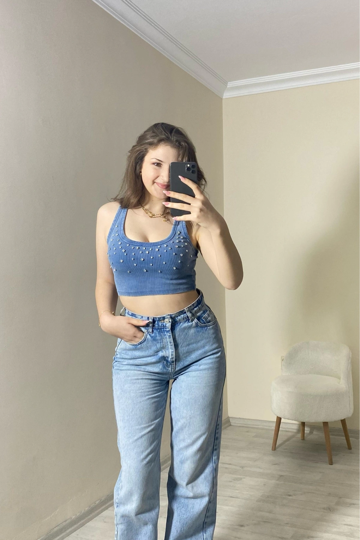 Taş Detaylı Kaşkorse Kumaş Crop Top Mavi