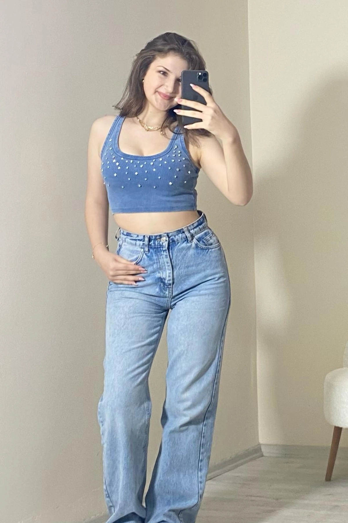 Taş Detaylı Kaşkorse Kumaş Crop Top Mavi