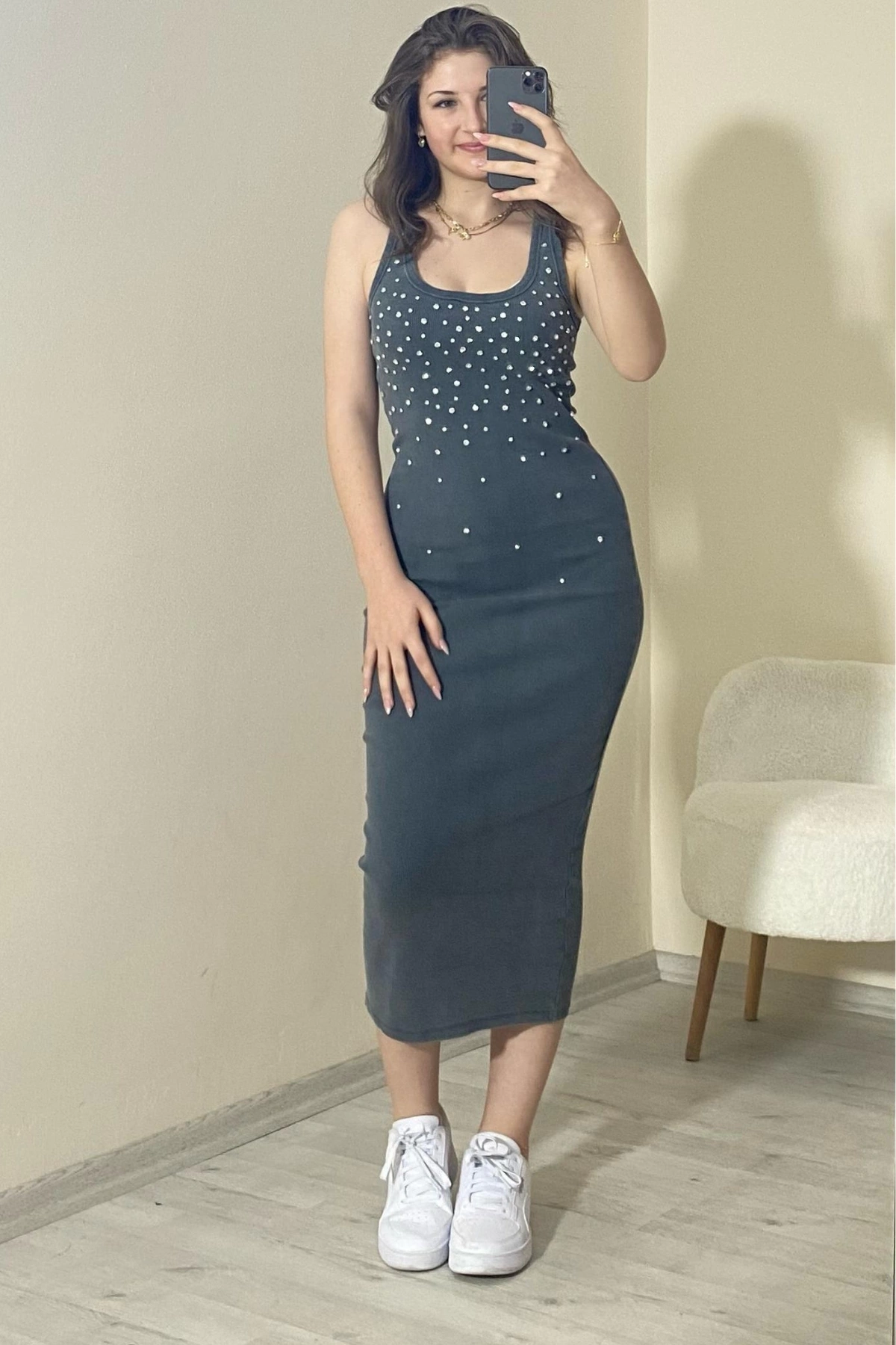 Taş Detaylı Kaşkorse Midi Elbise Siyah