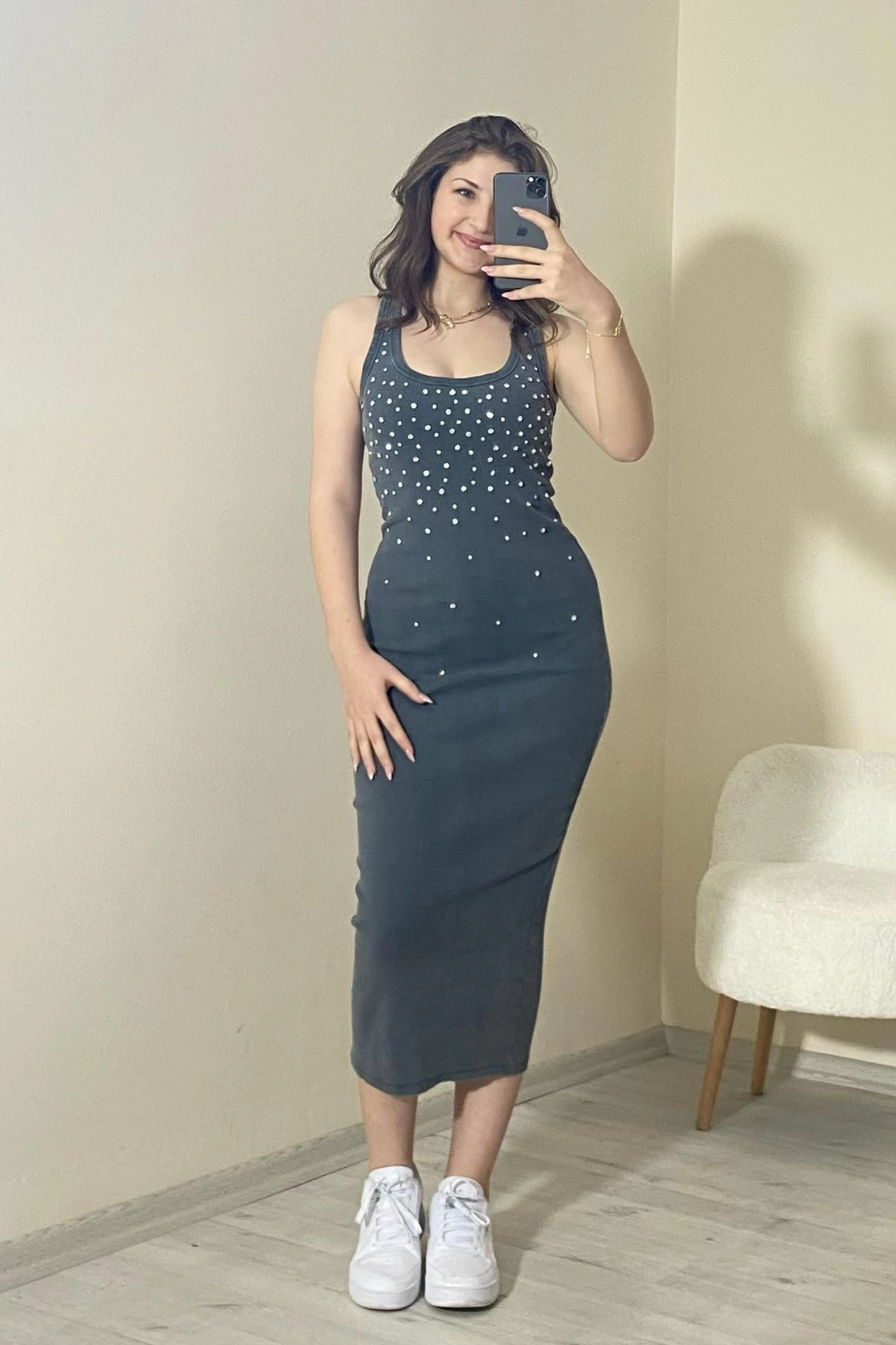 Taş Detaylı Kaşkorse Midi Elbise Siyah