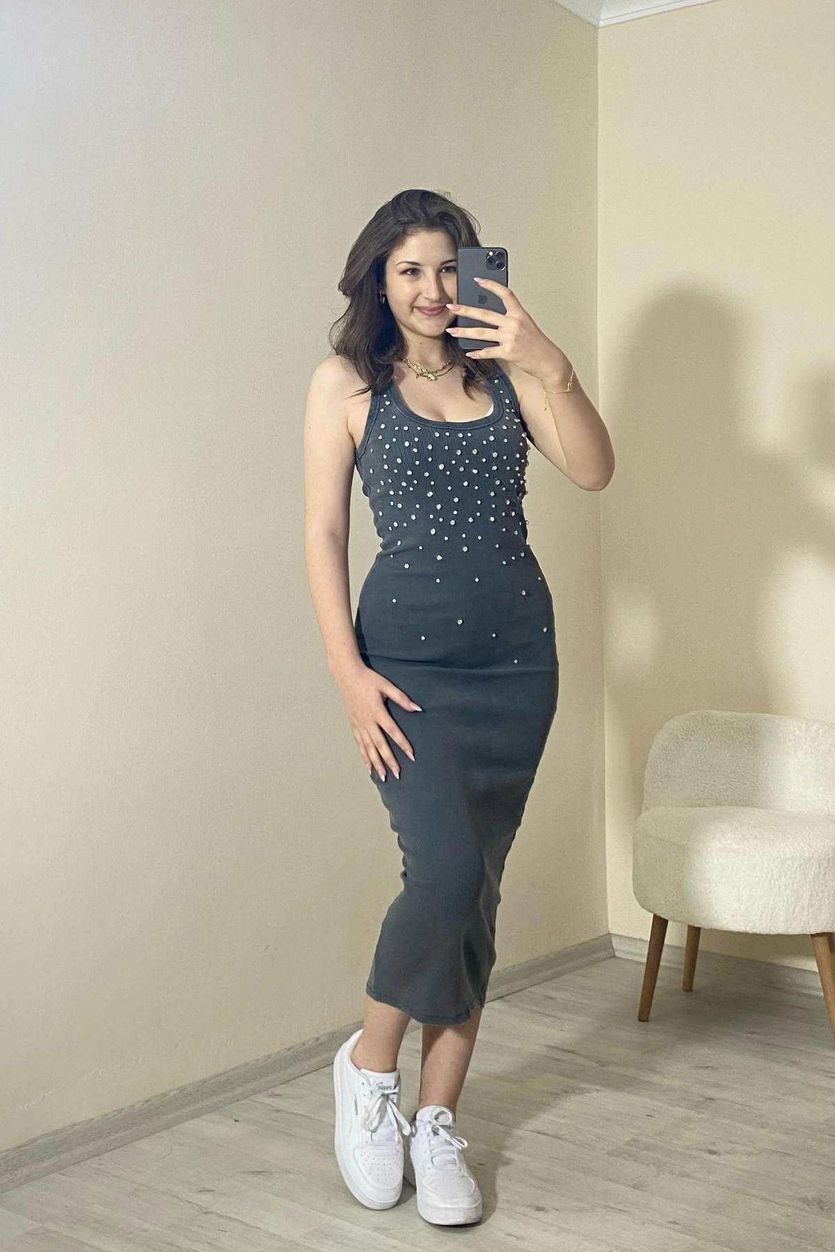 Taş Detaylı Kaşkorse Midi Elbise Siyah