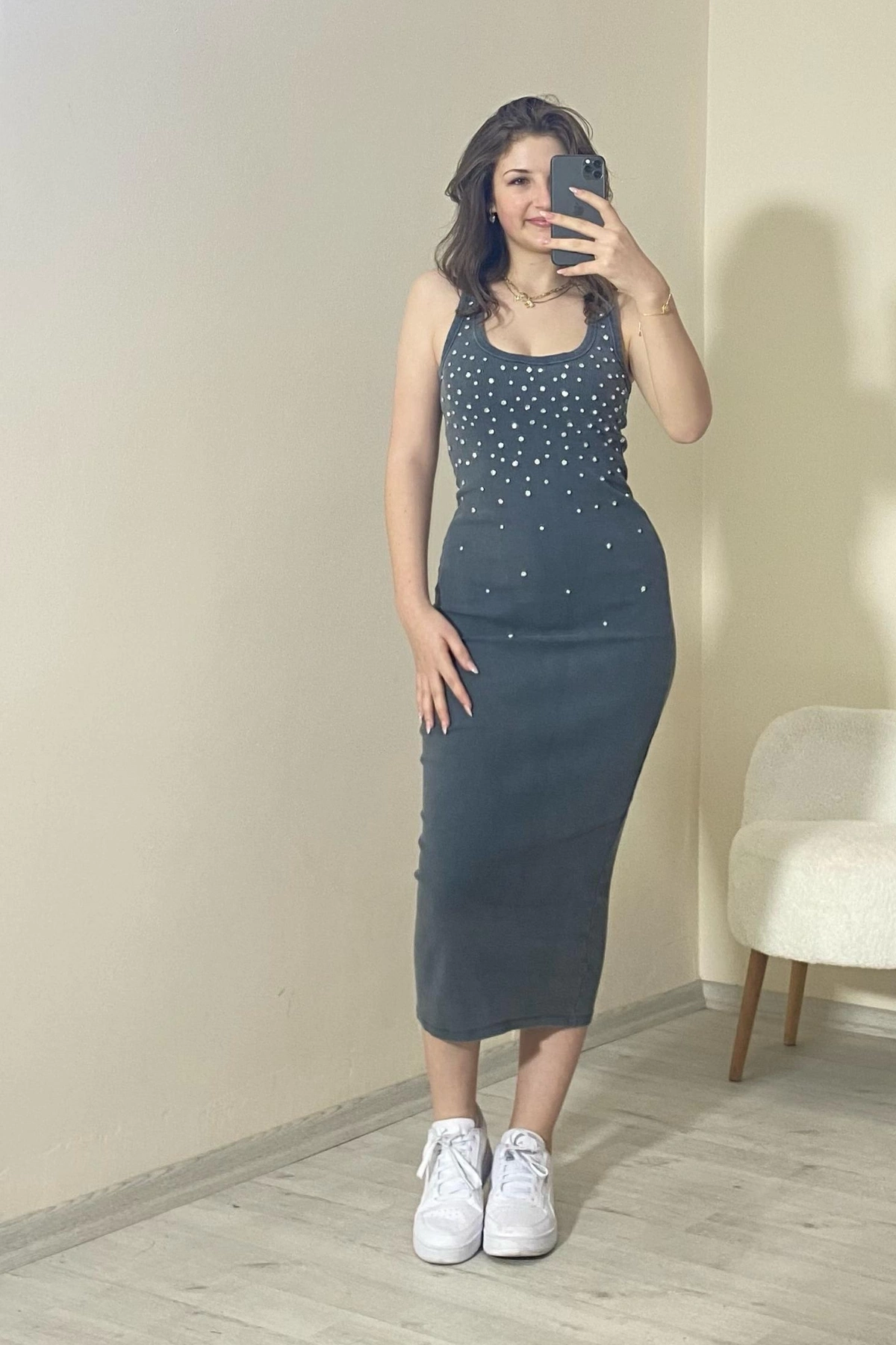 Taş Detaylı Kaşkorse Midi Elbise Siyah