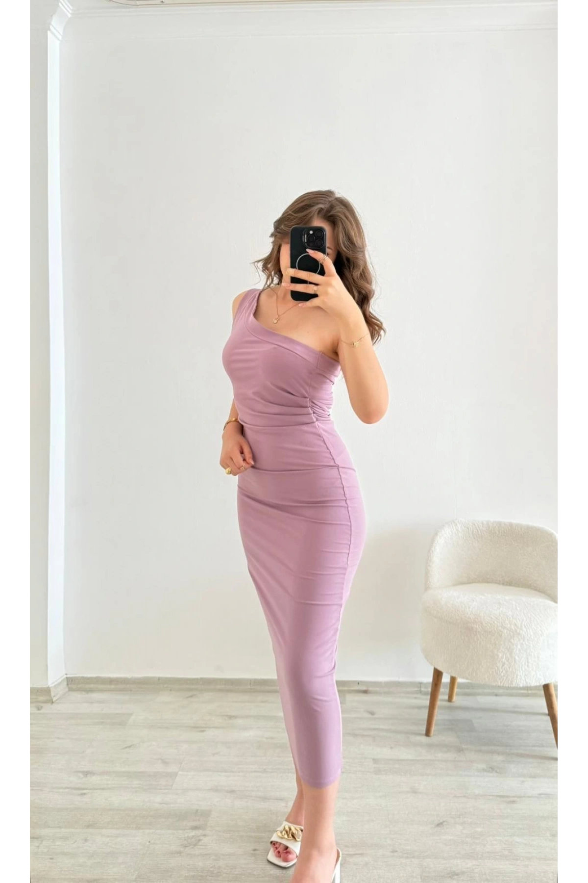 Omuz Detaylı Midi Elbise Tek Lila