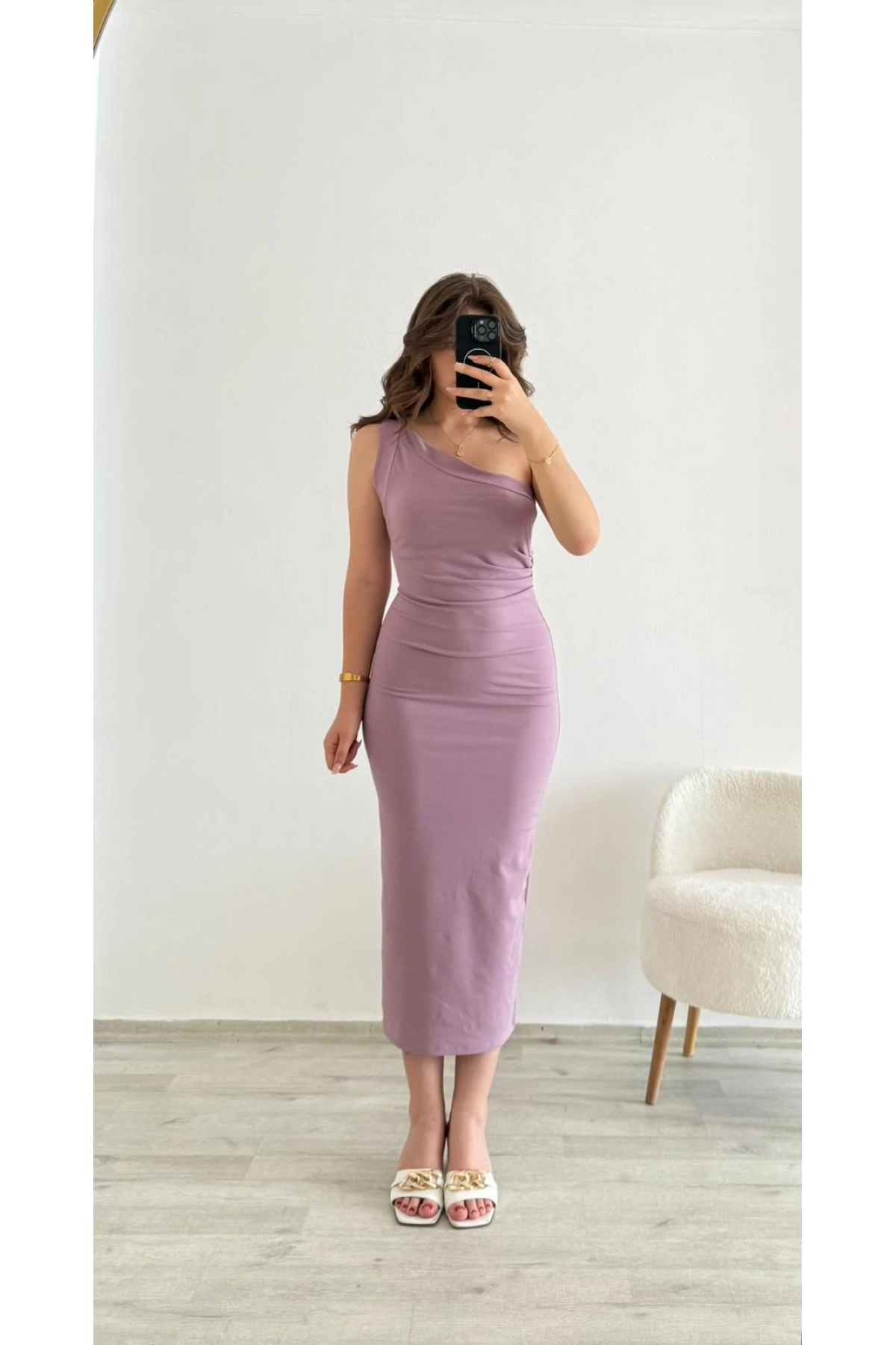 Omuz Detaylı Midi Elbise Tek Lila