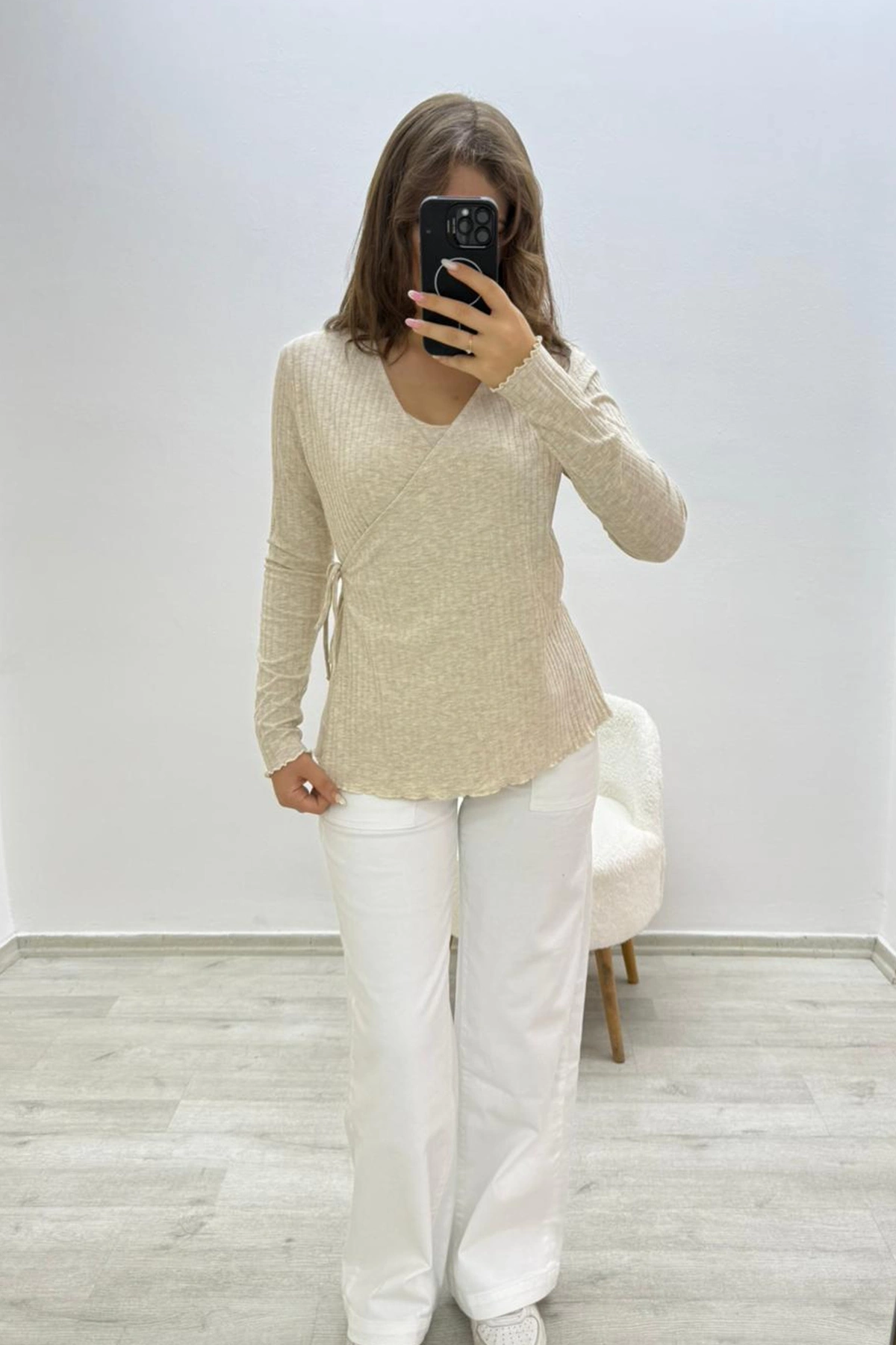 Yandan Bağlamalı Uzun Ekru Bluz