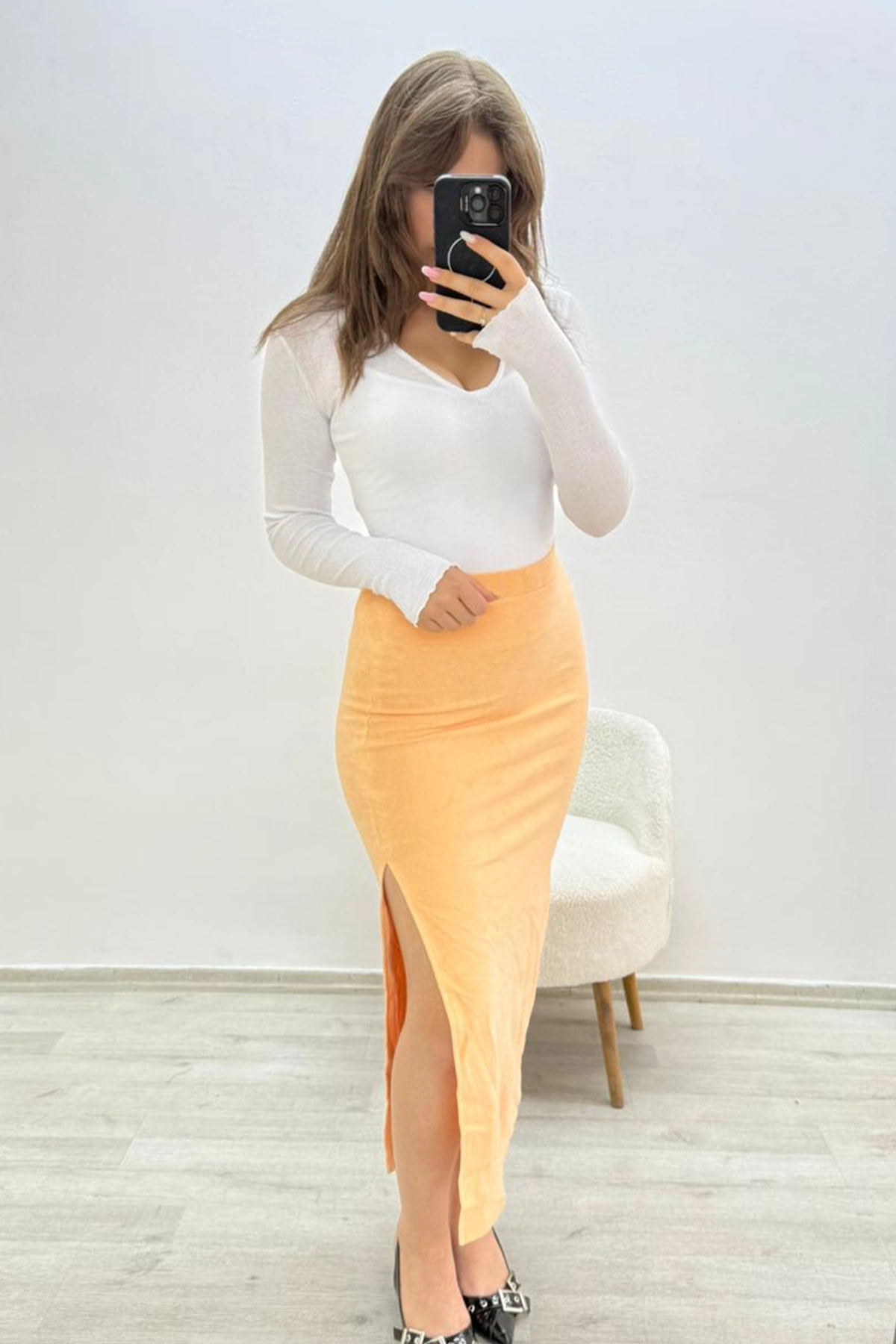 Yandan Yırtmaçlı Beli Lastikli Havlu Etek