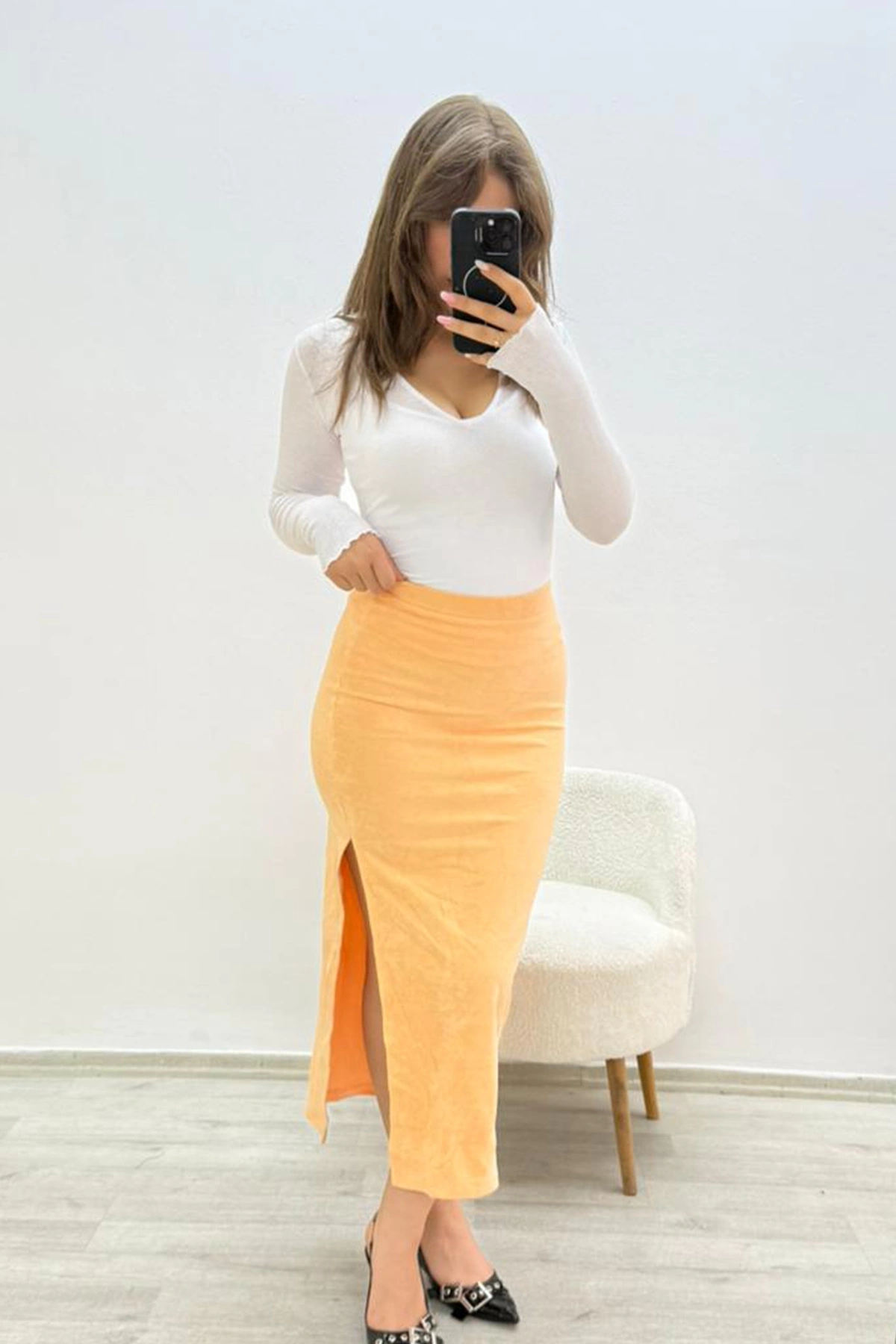 Yandan Yırtmaçlı Beli Lastikli Havlu Etek