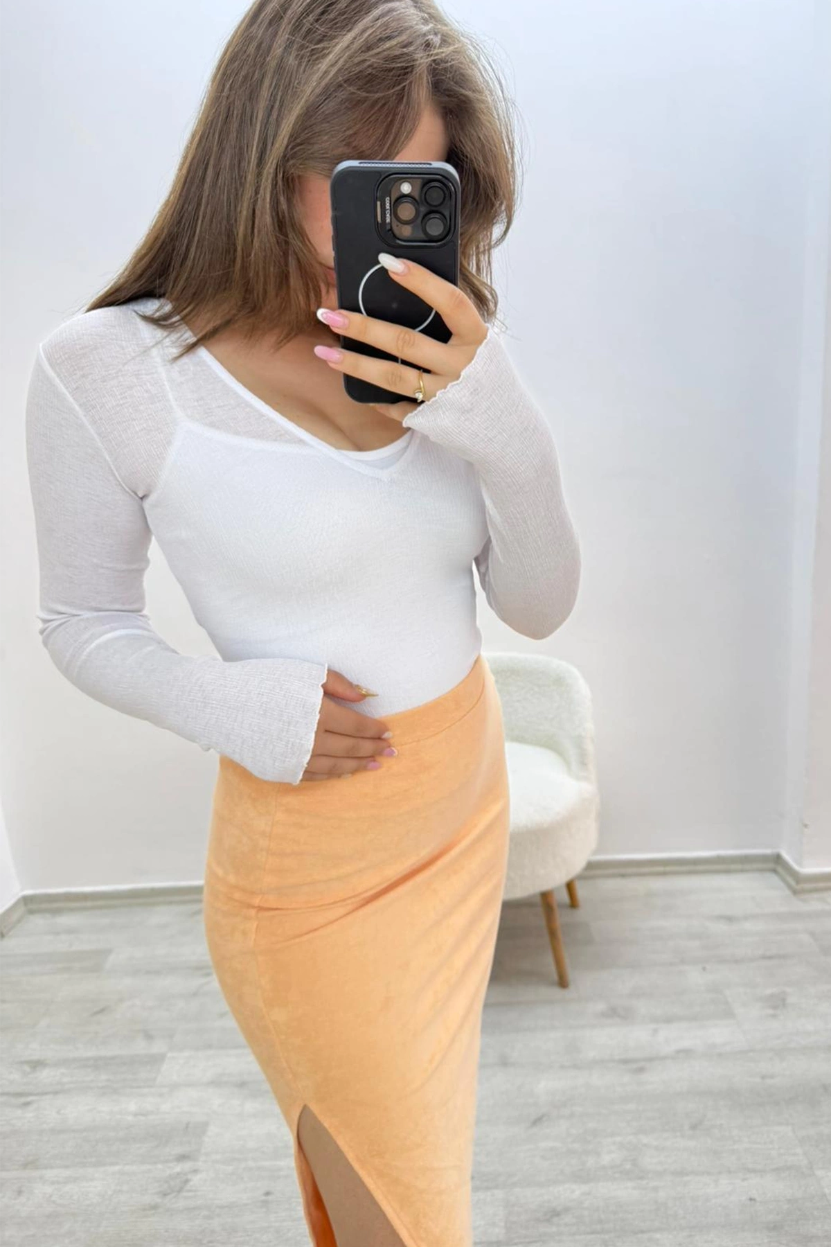 Yandan Yırtmaçlı Beli Lastikli Havlu Etek