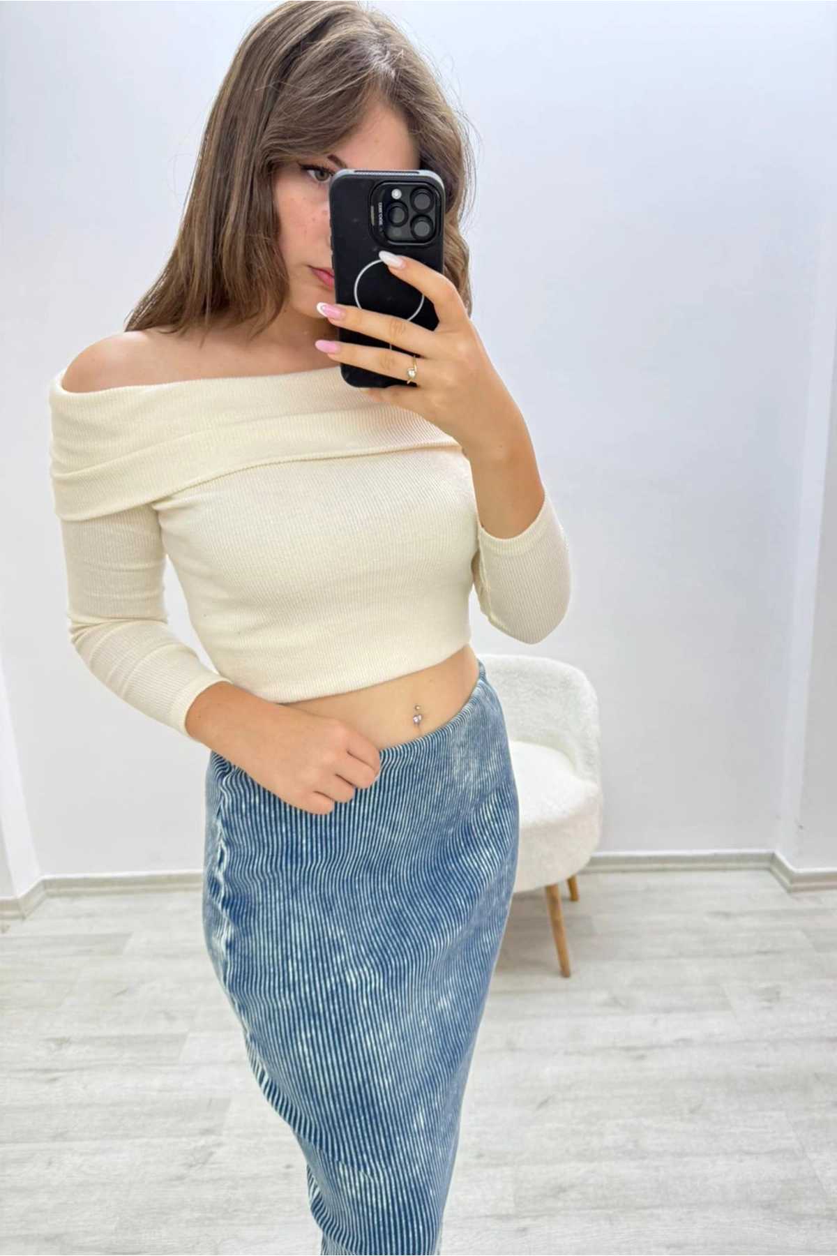 Yıkama Model Beli Lastikli Kalem Mavi Etek