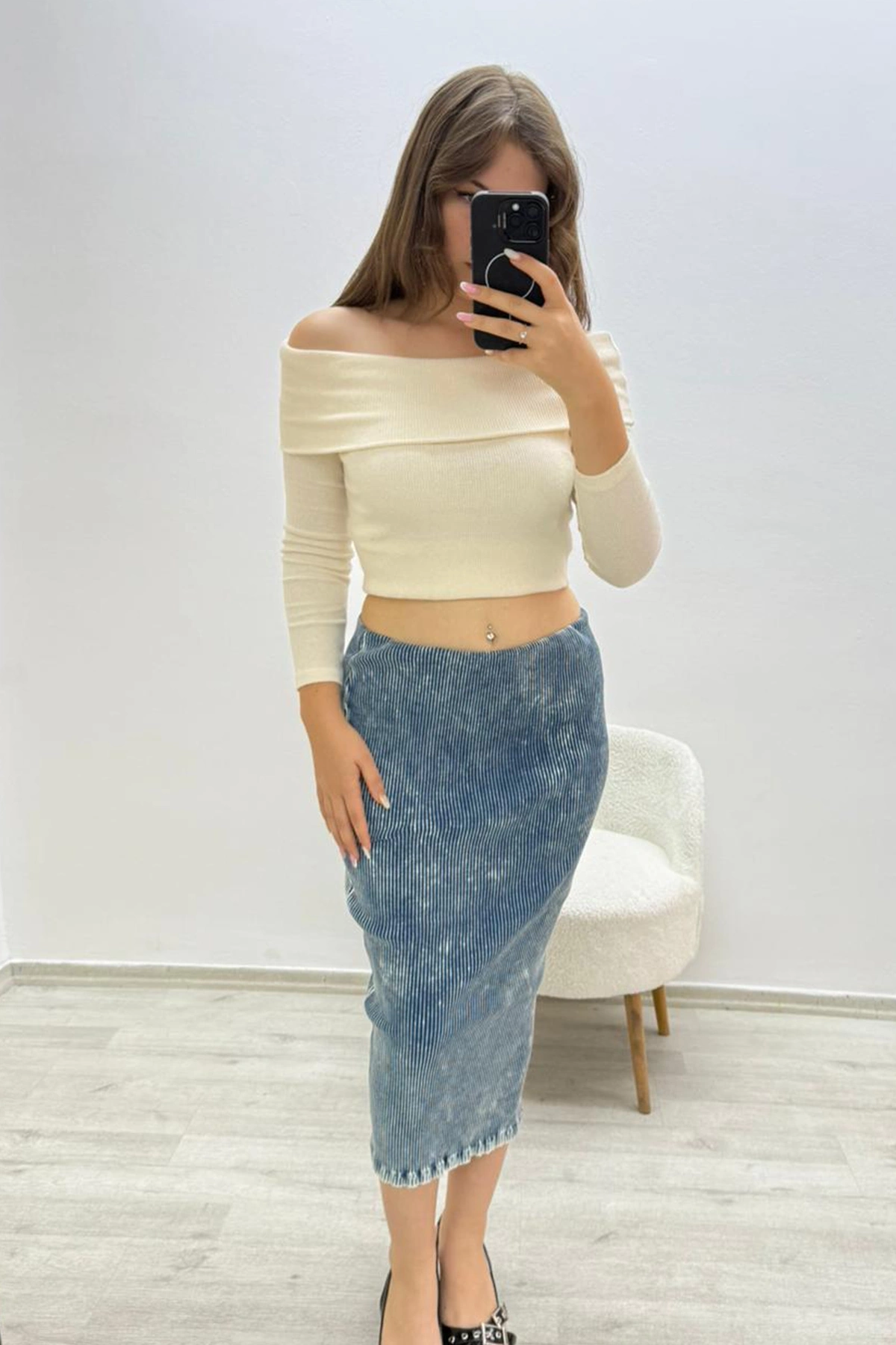 Yıkama Model Beli Lastikli Kalem Mavi Etek