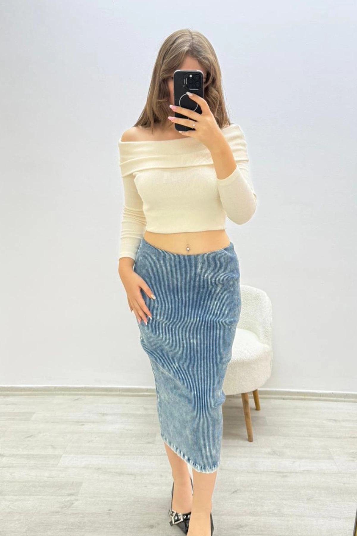 Yıkama Model Beli Lastikli Kalem Mavi Etek