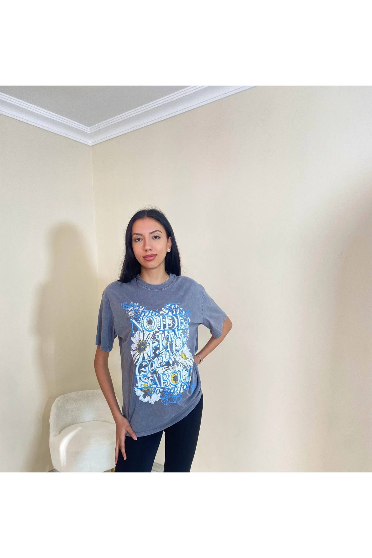 Yıkamalı Baskılı Oversize Tişört