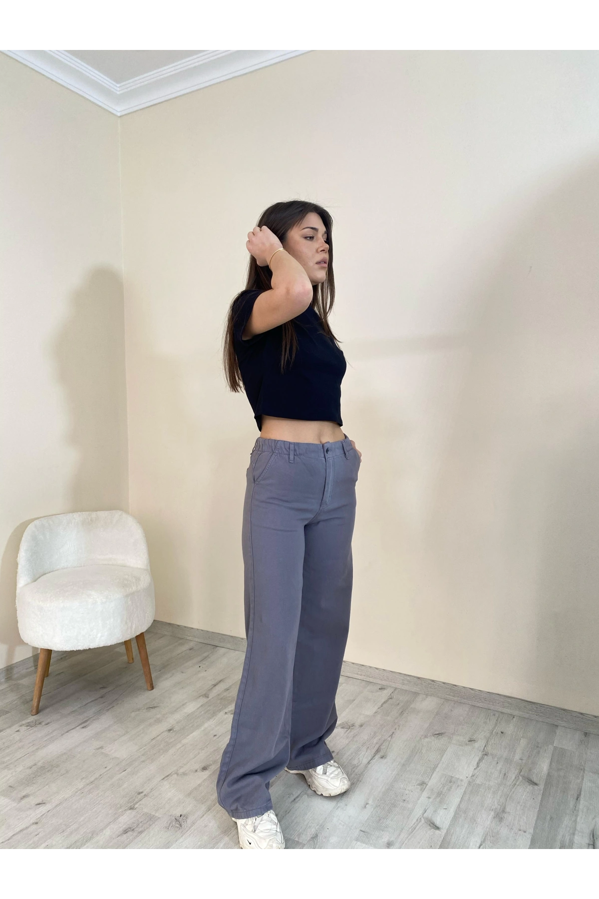 Yüksek Bel Düz Paça Gabardin Pantolon Füme Renk