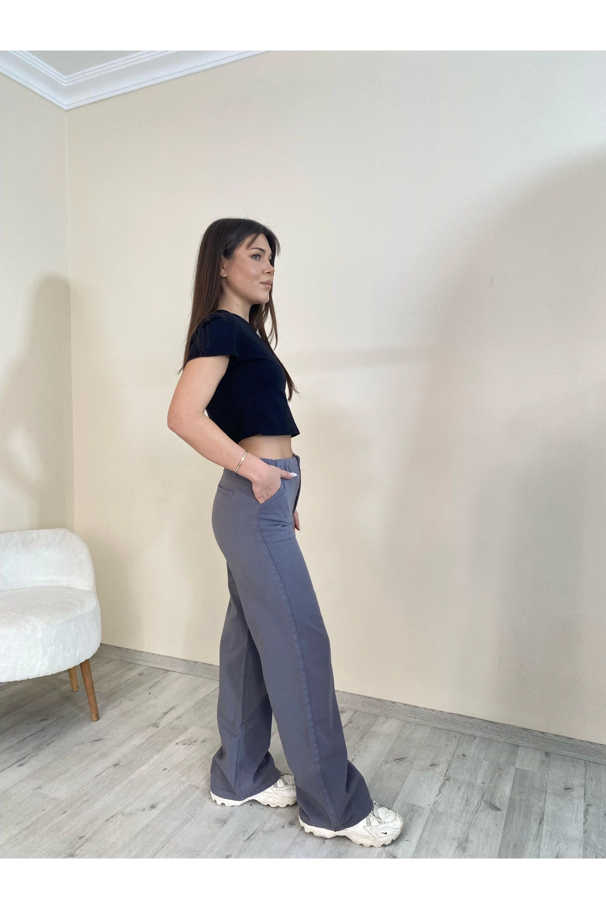 Yüksek Bel Düz Paça Gabardin Pantolon Füme Renk