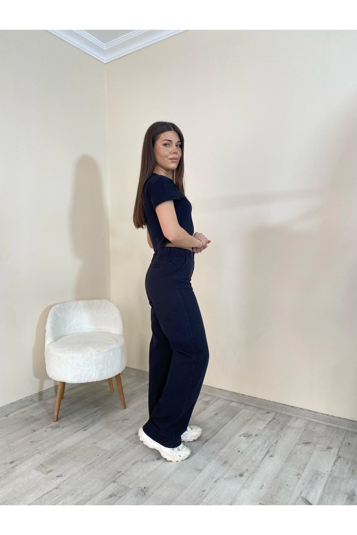 Yüksek Bel Düz Paça Gabardin Pantolon Siyah