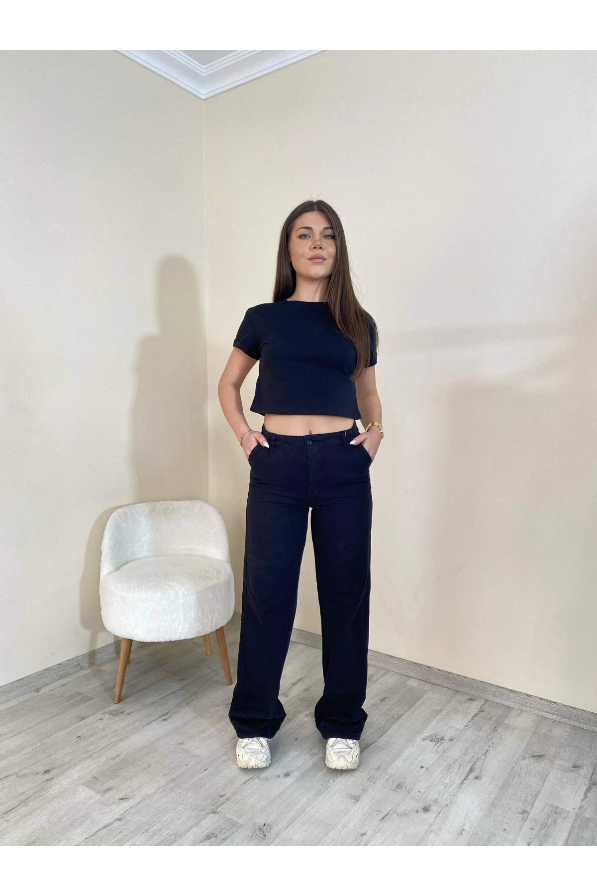 Yüksek Bel Düz Paça Gabardin Pantolon Siyah