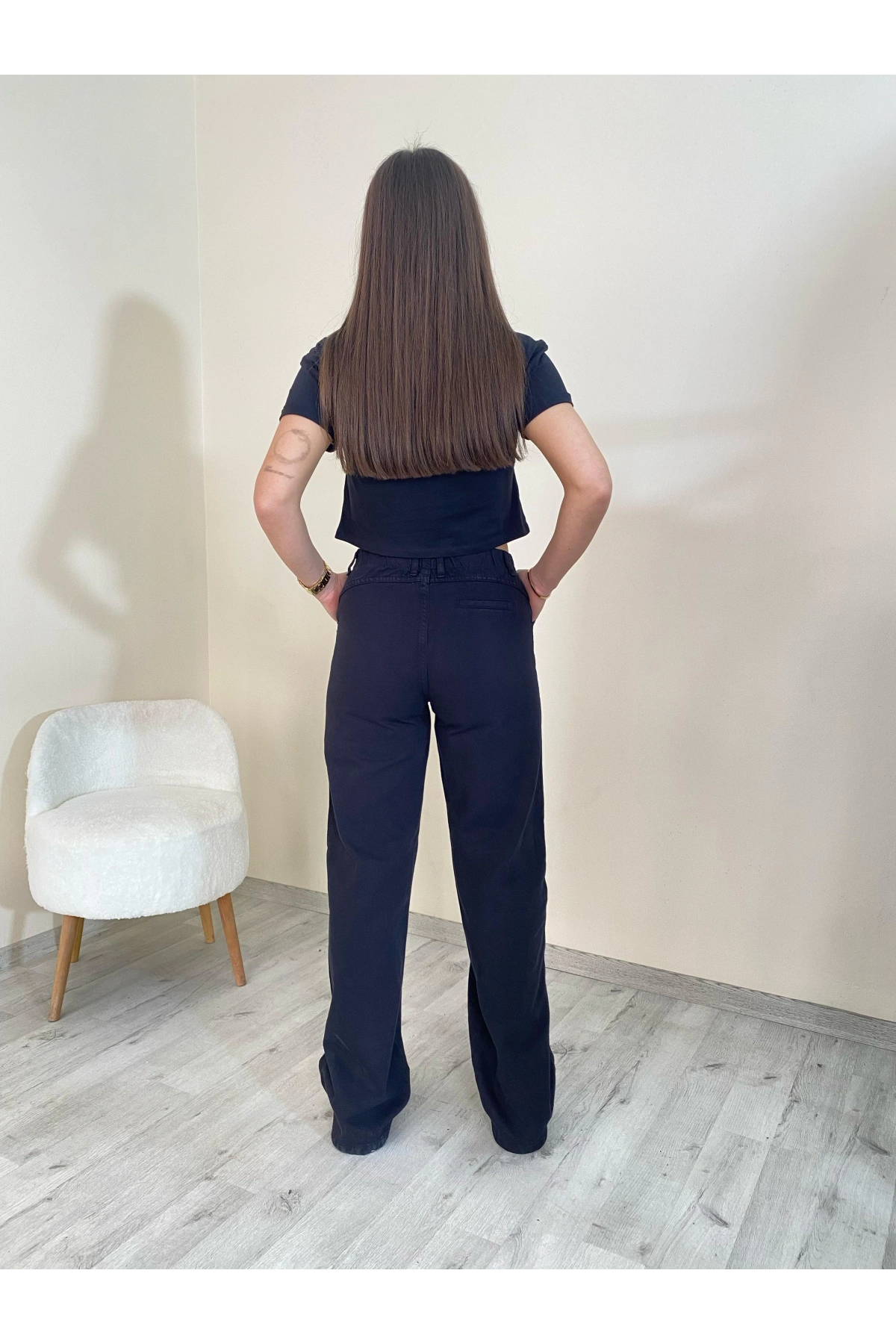 Yüksek Bel Düz Paça Gabardin Pantolon Siyah