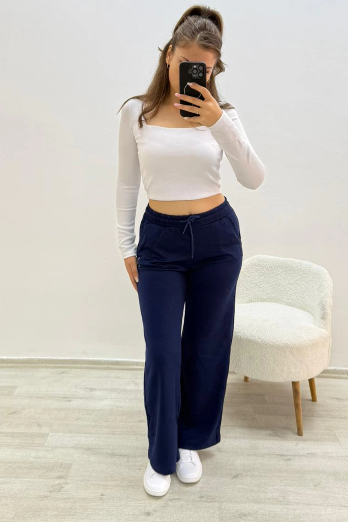 Yüksek Bel Beli Lastikli Lacivert Eşofman Altı
